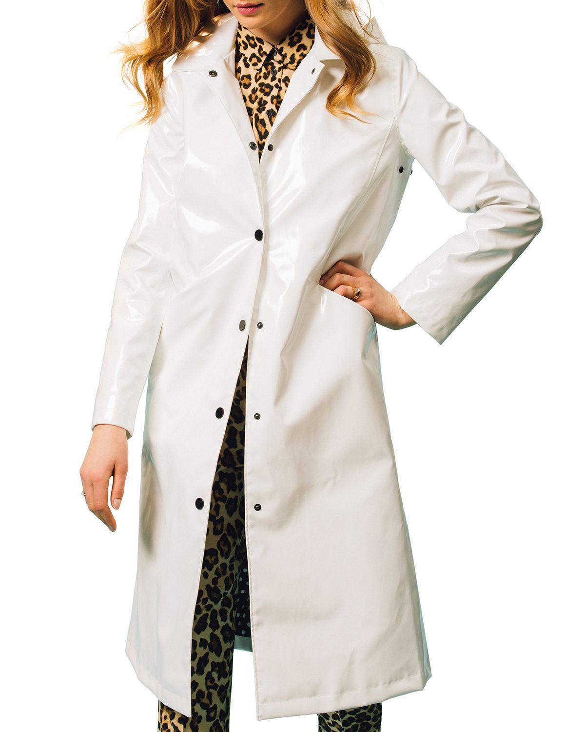 Jane Post Synthetic Hooded Snapfront Long Rain Slicker Coat in White