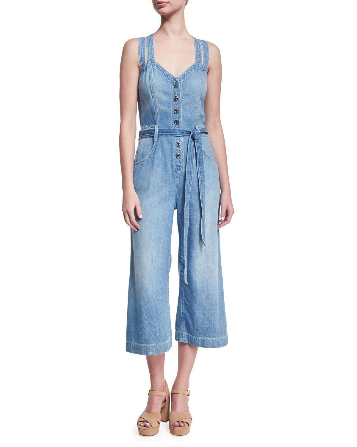 Lyst - 7 for all mankind Button-front Sleeveless Cropped Denim Jumpsuit ...