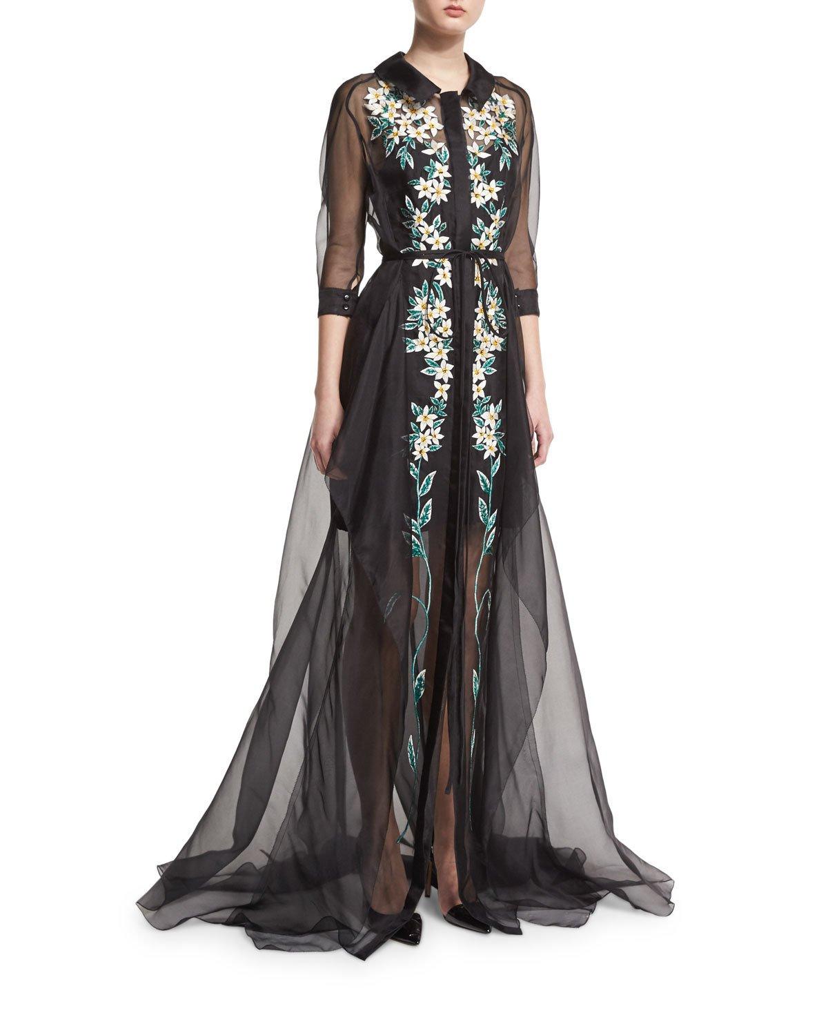 Carolina Herrera Silk Floral-embroidered Organza Trench Gown in Black ...