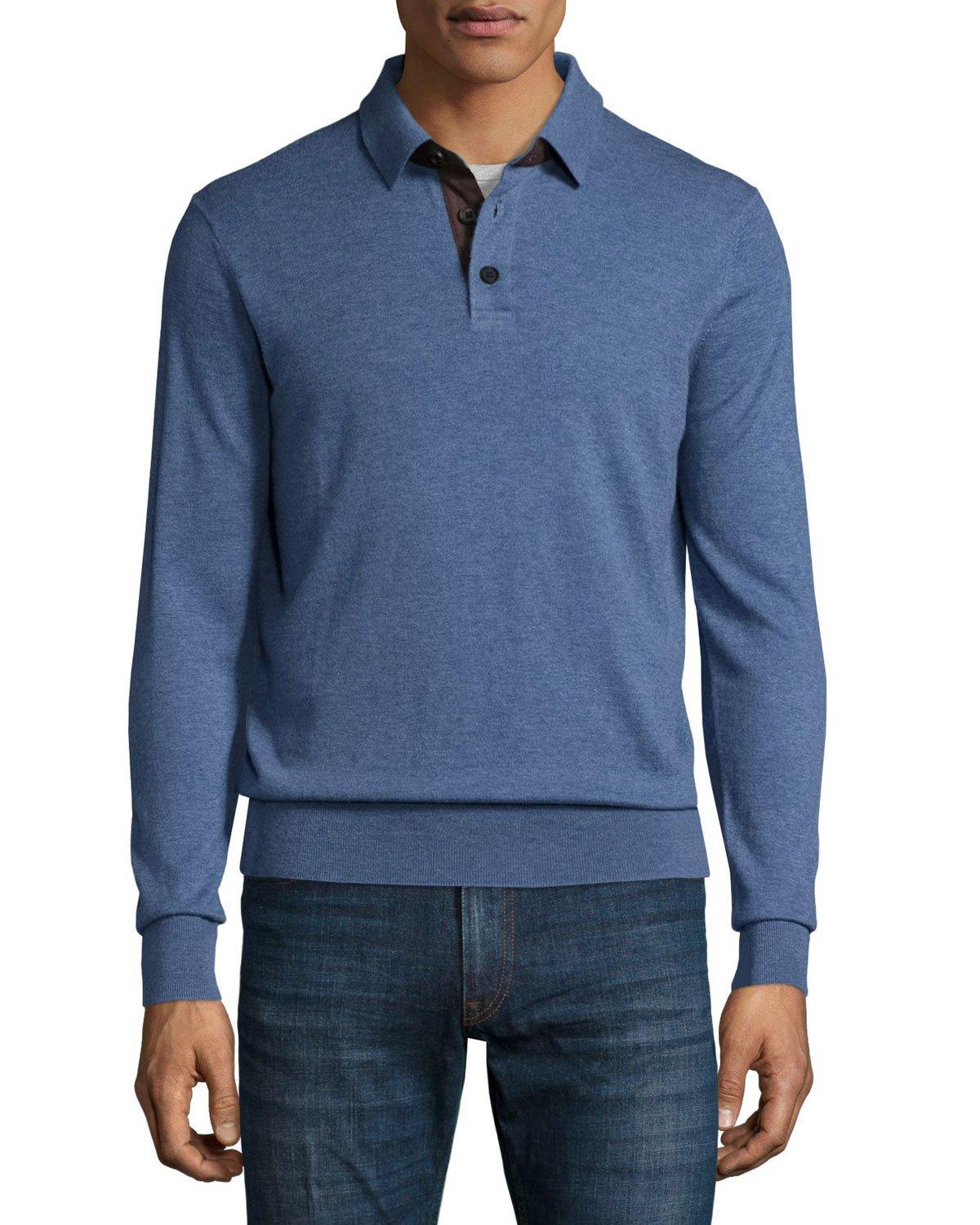 Neiman marcus Cashmere Long-sleeve Polo Sweater in Blue for Men | Lyst