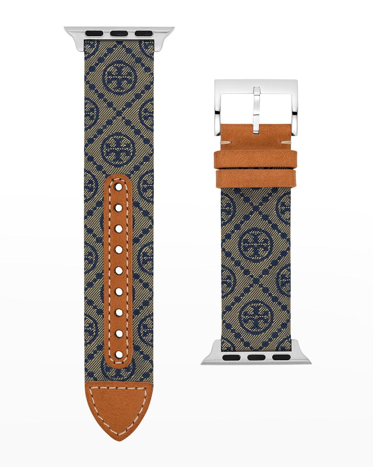 Tory burch t monogram print apple watch band in blue and luggage 38