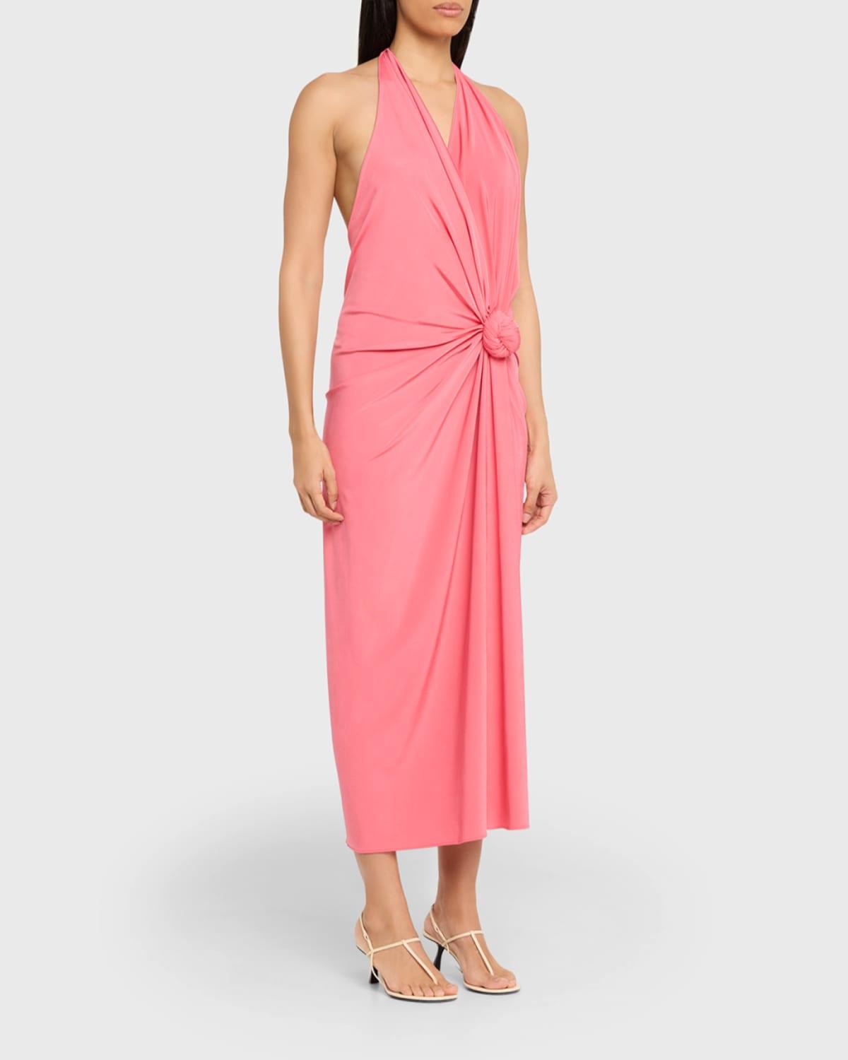 black backless skater dress Twist Pink Cutout Halter Midi Dress – Ohmollydress main image 0