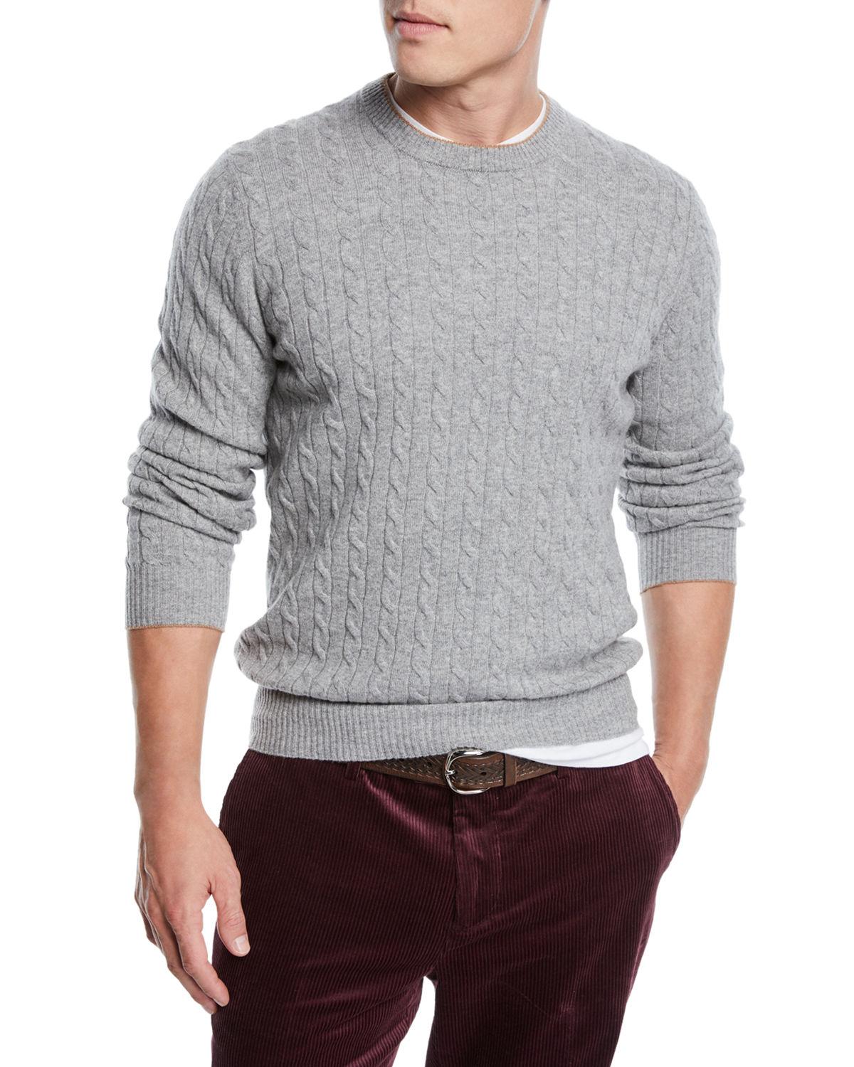 Brunello Cucinelli Men's Cashmere Cable-knit Crewneck Sweater in Gray ...