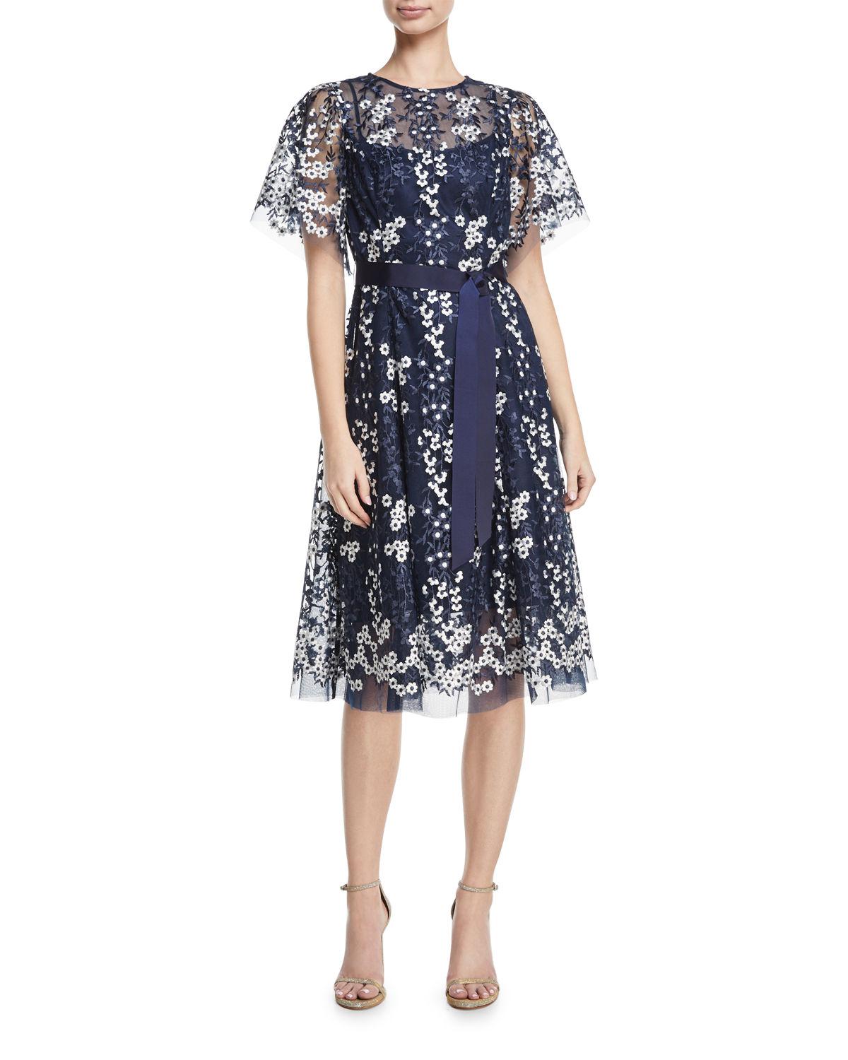 Teri Jon Floral Embroidered Tulle Midi Cocktail Dress in Blue - Lyst