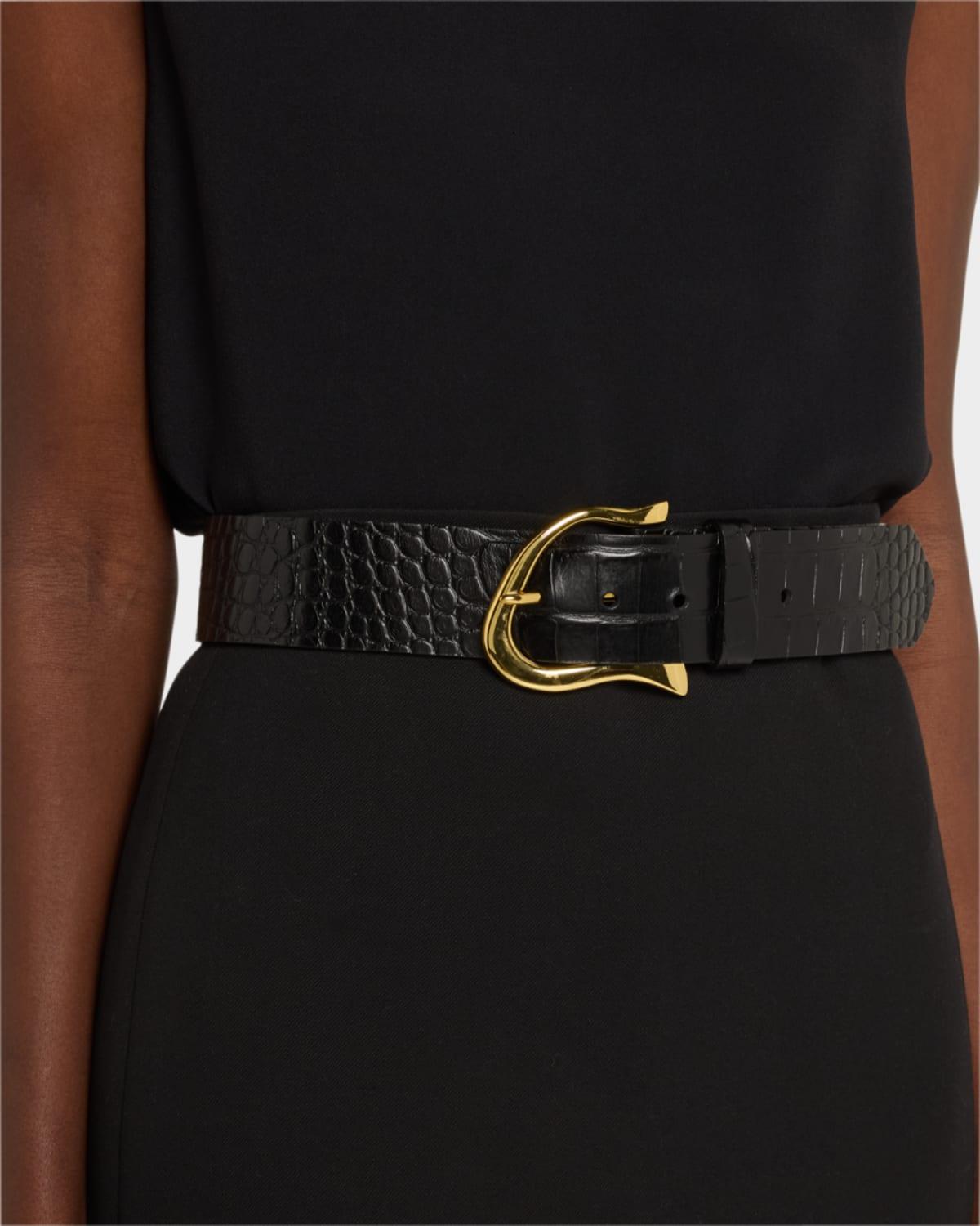 Streets Ahead Belt Womens Medium Black Gold Crocodile Embossed Leather Skinny Aria Belt – Croc-Embossed Leather with Brass Engraved Buckle  main image 2