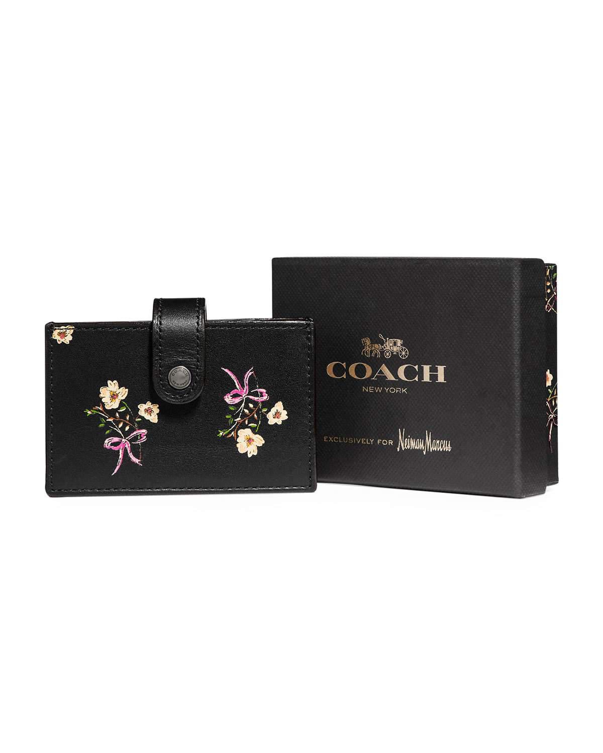 COACH Accordion Floralprint Leather Card Case in Black Pattern (Black