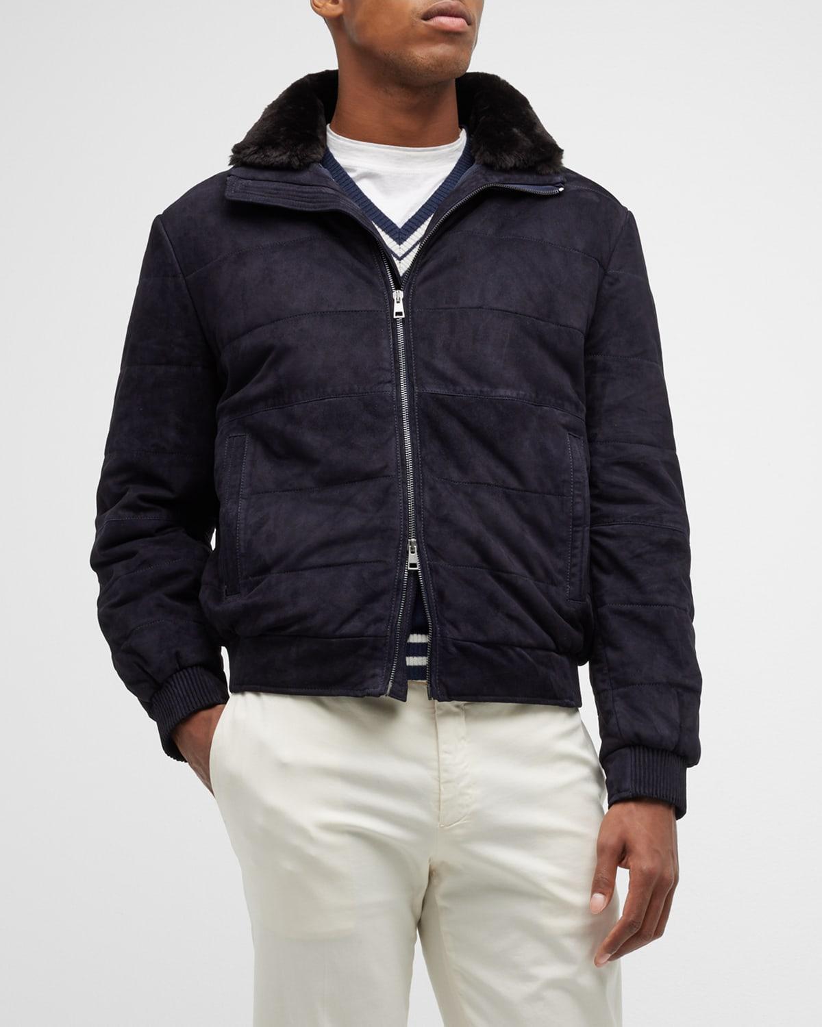 Neiman Marcus Suede Puffer Jacket With Shearling-lined Collar in Blue for  Men | Lyst