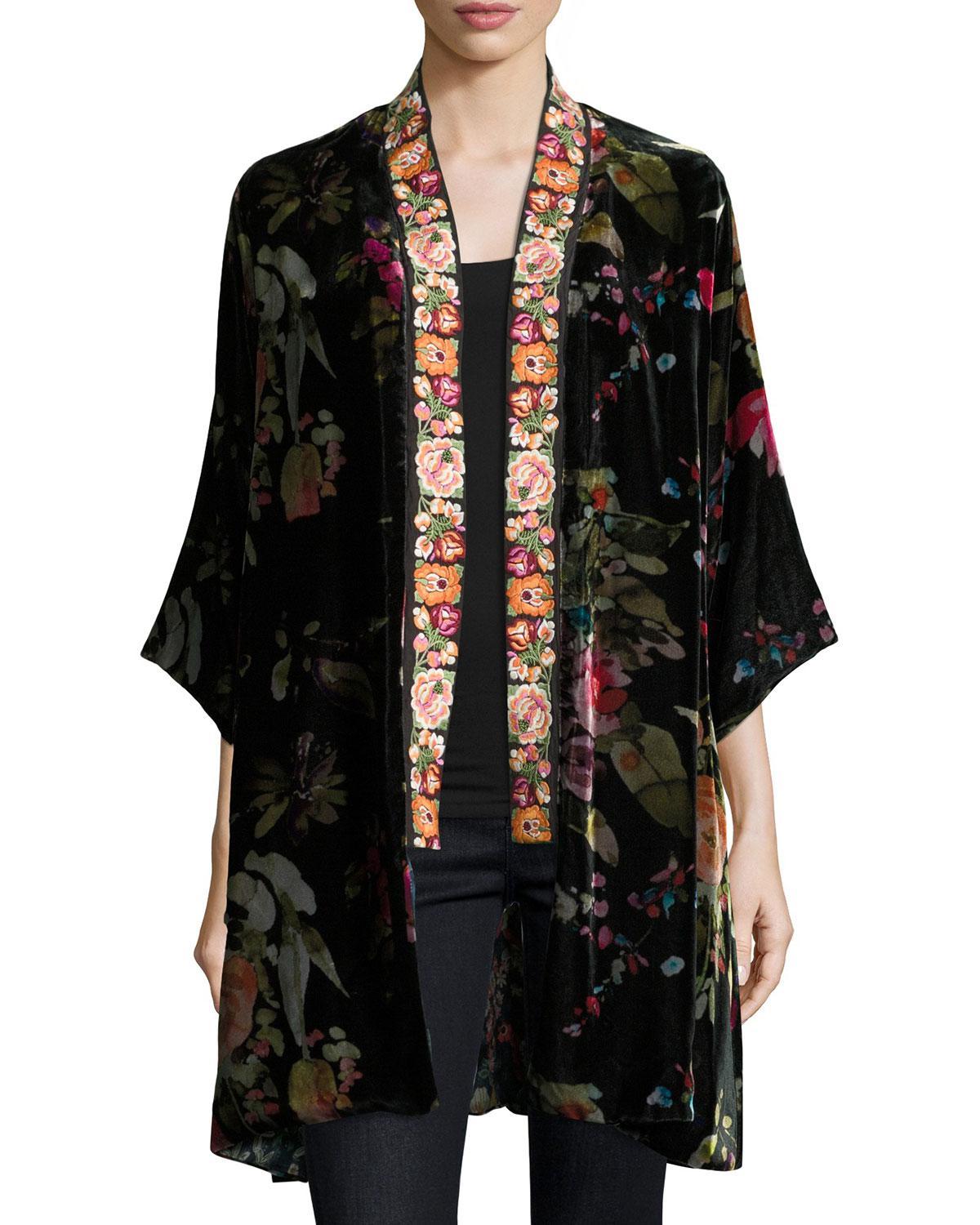 Johnny Was Kehlani Reversible Velvet Kimono W/ Embroidery Trim in Black ...