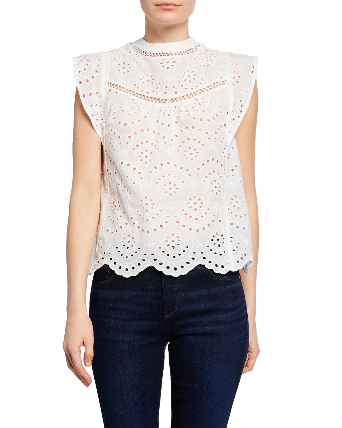7 For All Mankind Lace Crewneck Sleeveless Eyelet Crop Top in White - Lyst