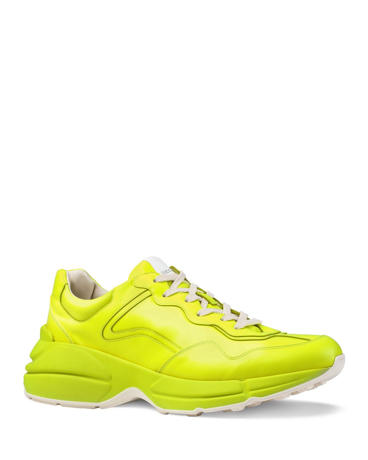 fluorescent yellow running shoes