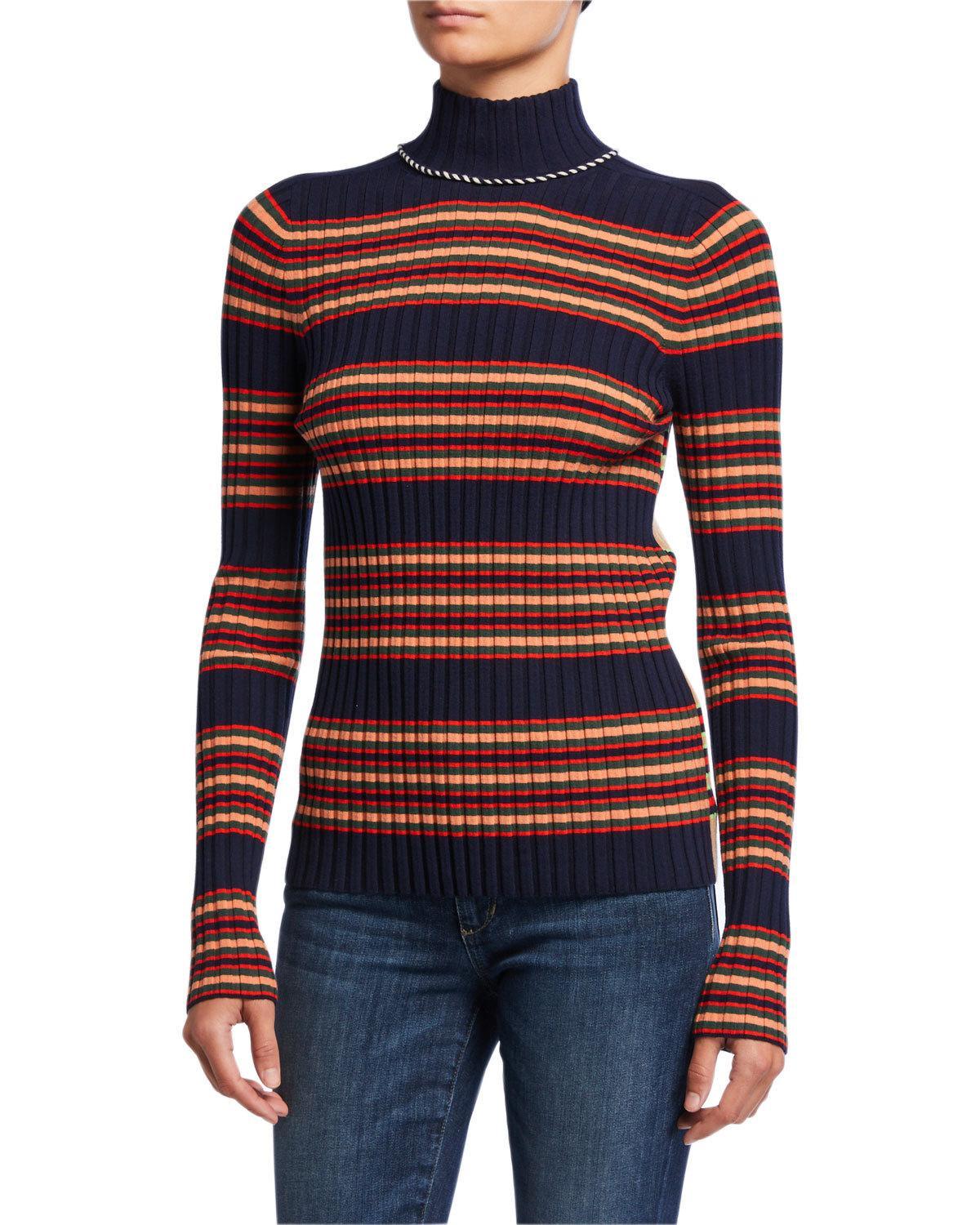 Tory Burch Striped Wool Turtleneck Sweater in Blue - Lyst