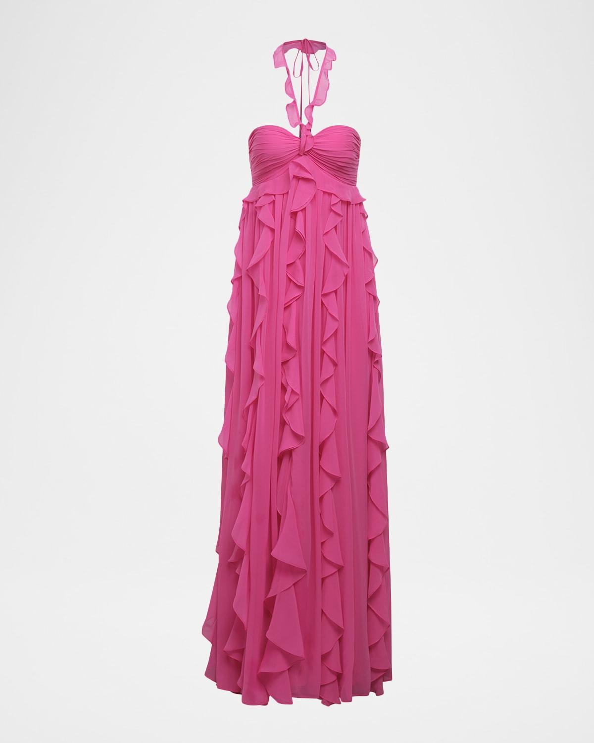 BCBGMAXAZRIA Ruffle Chiffon Halter Gown in Pink | Lyst