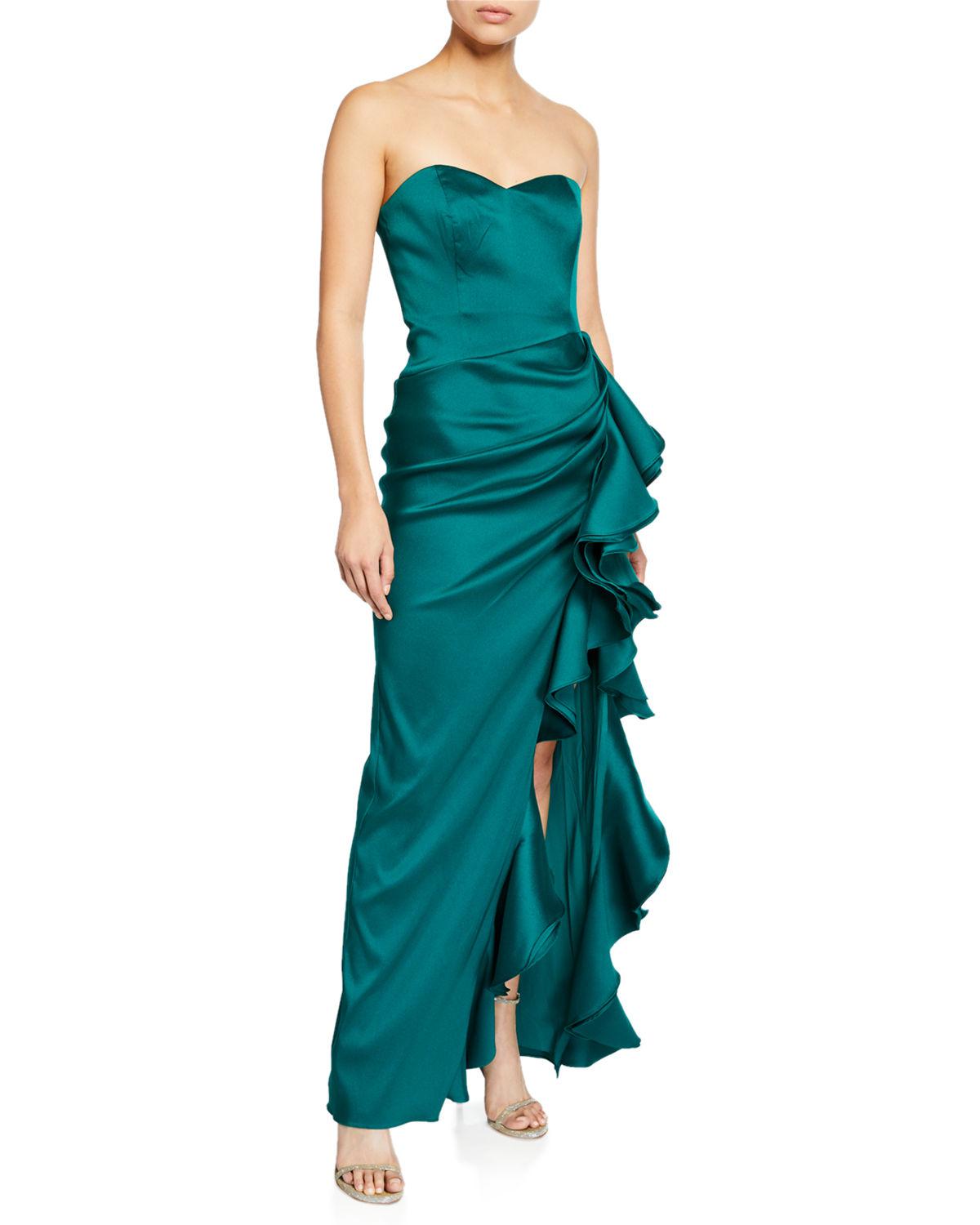 Badgley Mischka Satin Strapless Column Gown W/ Bustier Bodice & Side Ruffle in Emerald (Green