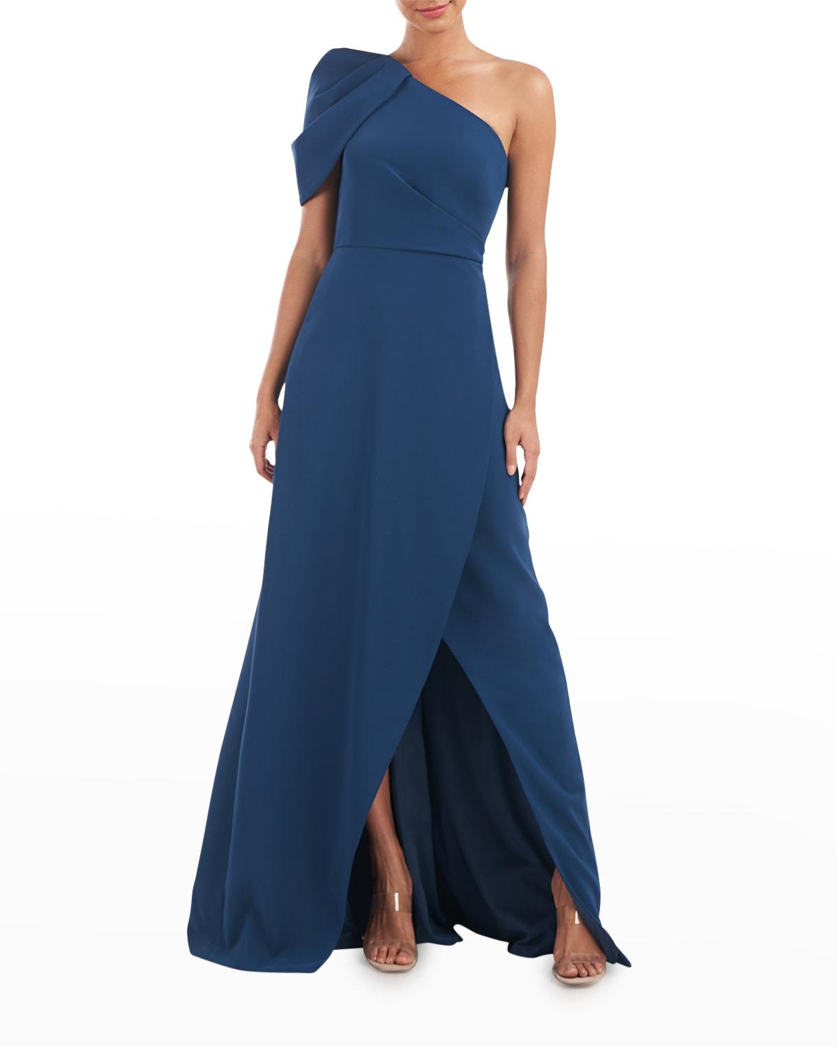 Kay Unger Briana Pleated One-shoulder Gown in Blue | Lyst