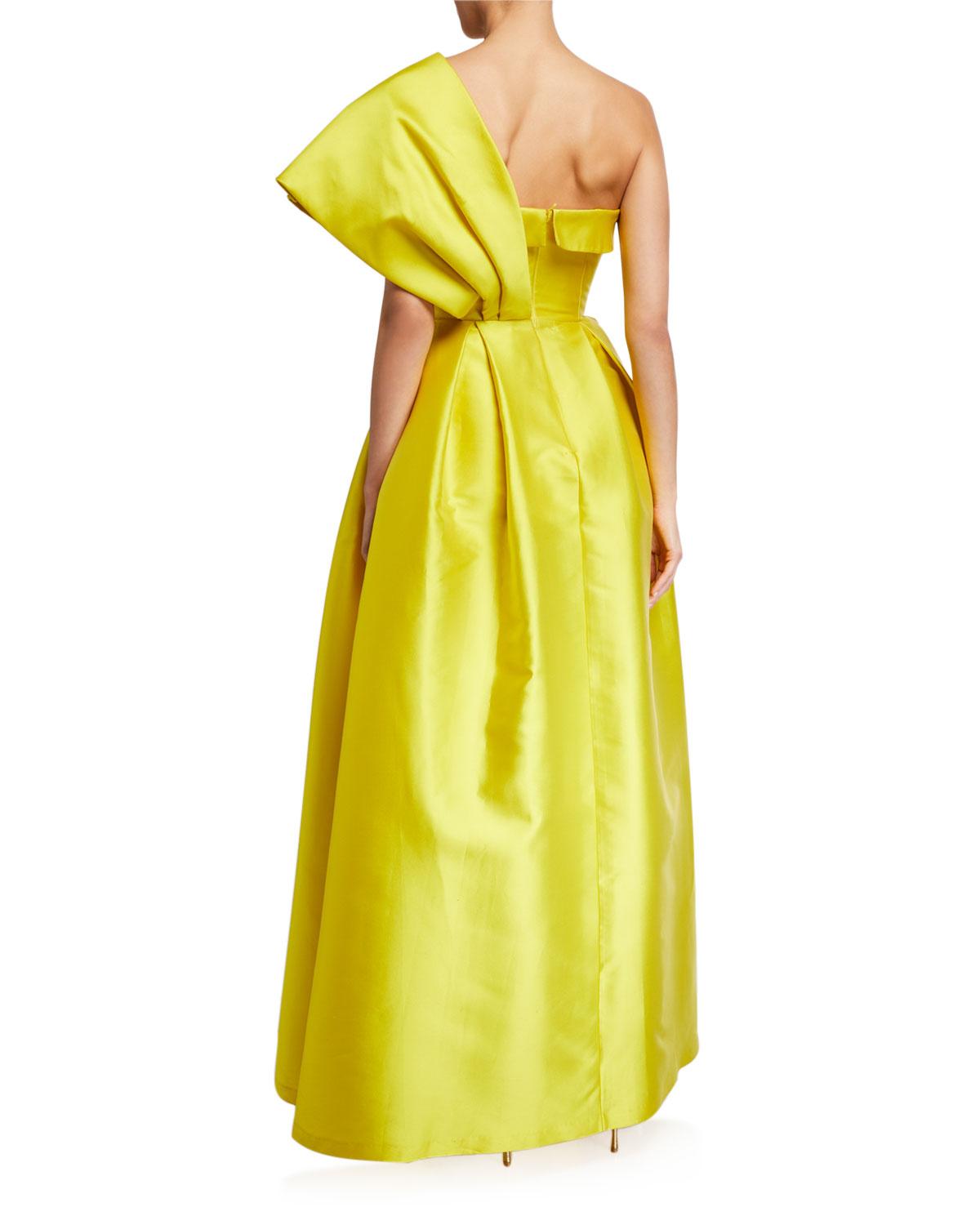 one shoulder yellow gown