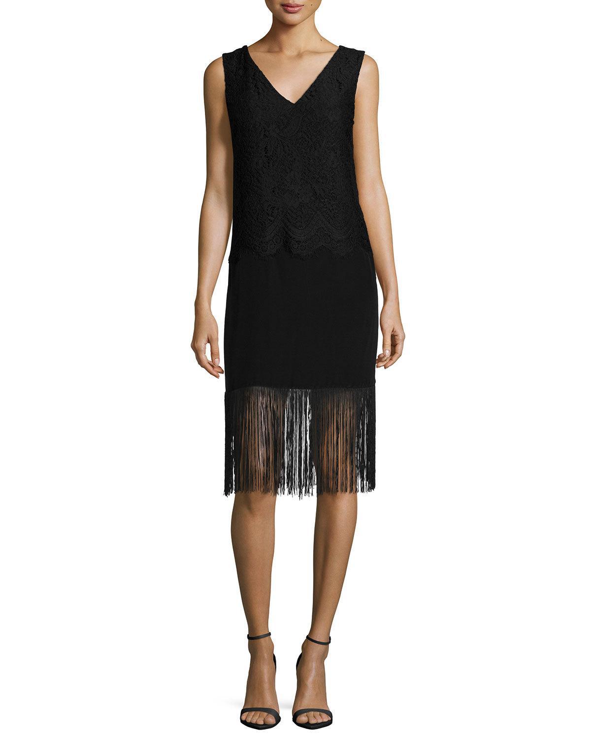 Lyst - Nicole Miller Fringed Silk and Lace Dress in Black