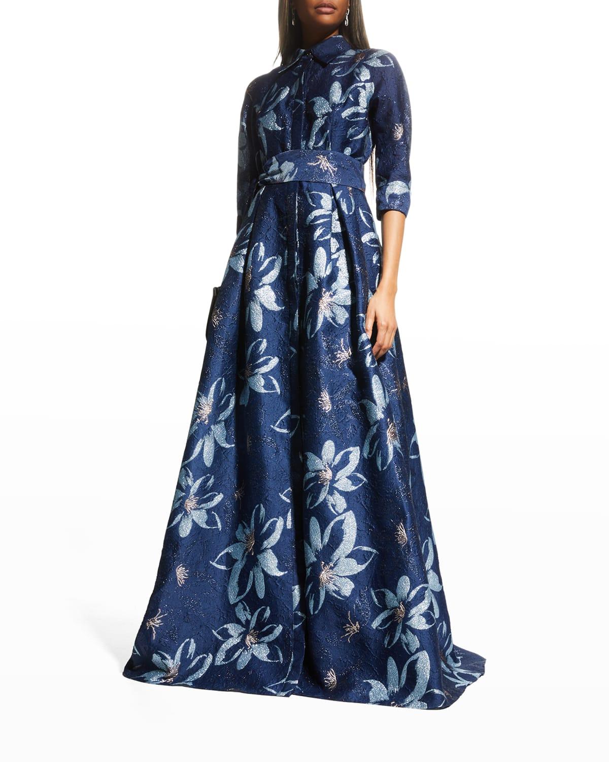Teri Jon Metallic Floral Jacquard Shirtdress Gown in Blue | Lyst