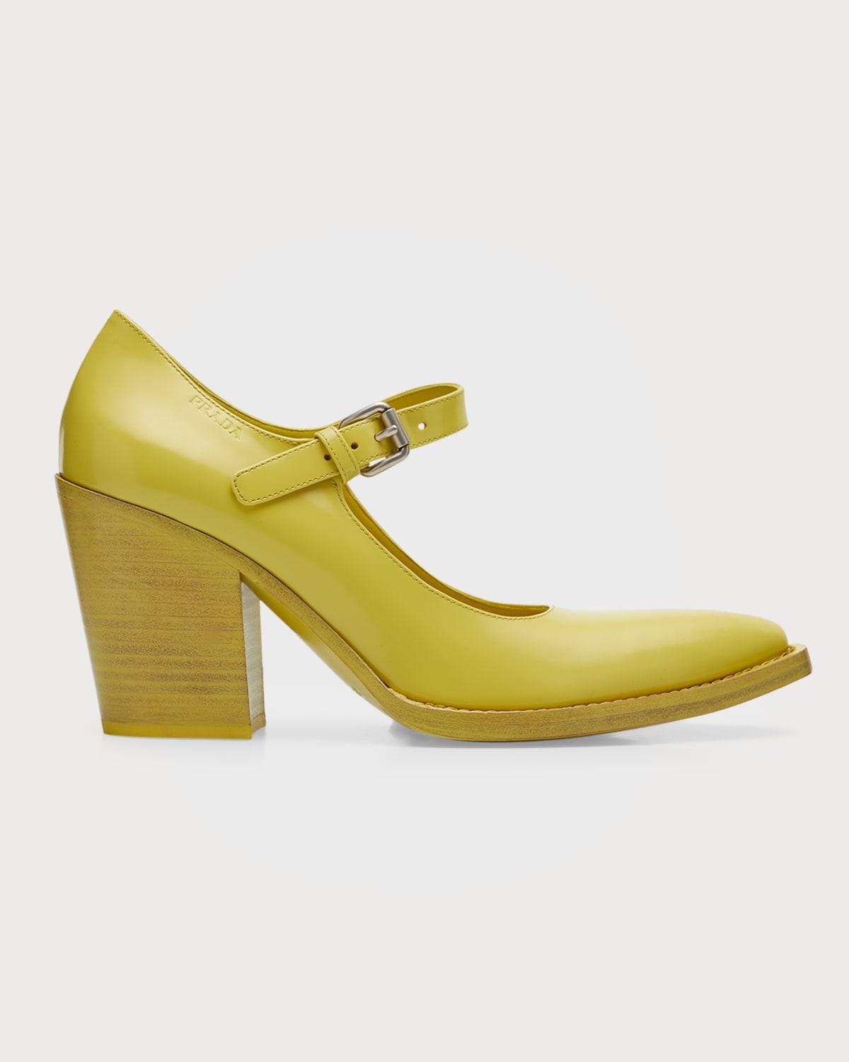 Prada Leather Mary Jane Block Heel Pumps in Yellow Lyst