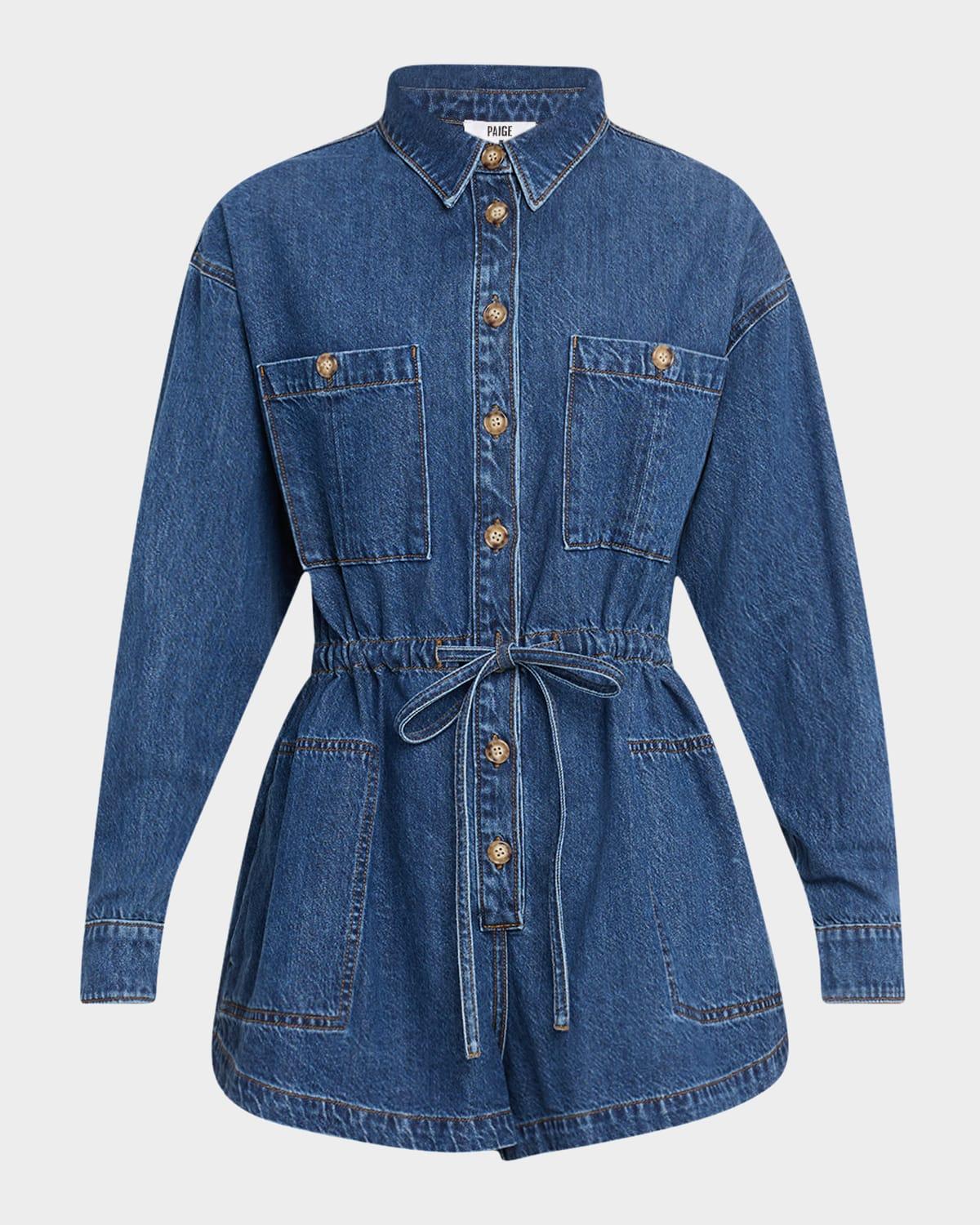 PAIGE Madigan Long-Sleeve Denim Romper in Blue Lyst