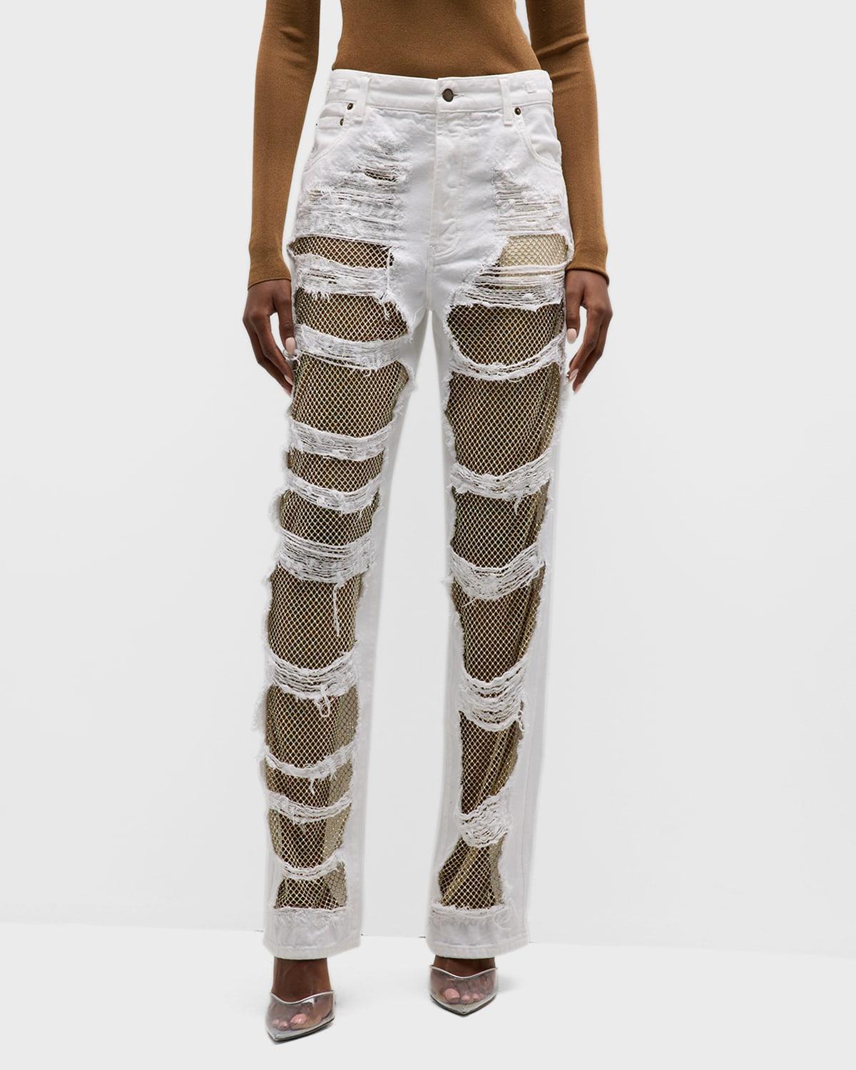 DARKPARK Karen Shredded Crystalpanel Straightleg Jeans in White Lyst