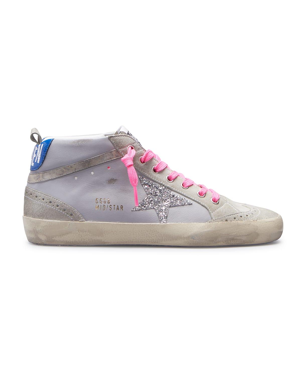 Golden Goose Mid Star Mixed Leather Glitter Sneakers in Gray | Lyst