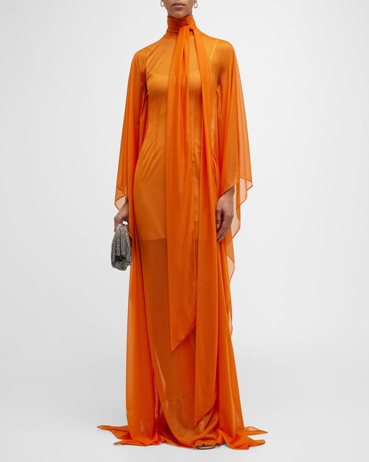LAQUAN SMITH Sheer Tie-neck Gown With Sweeping Dolman Sleeves in Orange ...