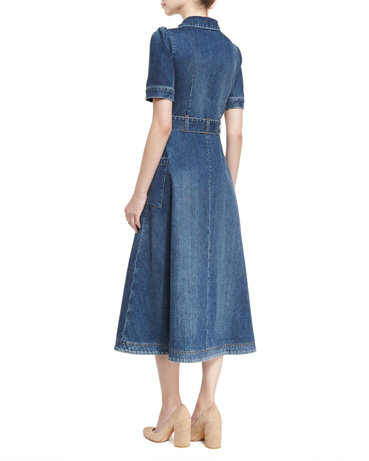 belted denim midi dress