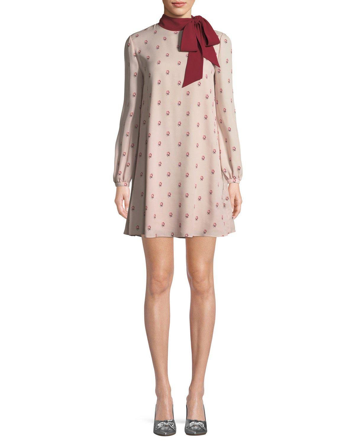 Valentino Long-sleeve Rosebud Silk Georgette Dress W/ Scarf in Pink - Lyst