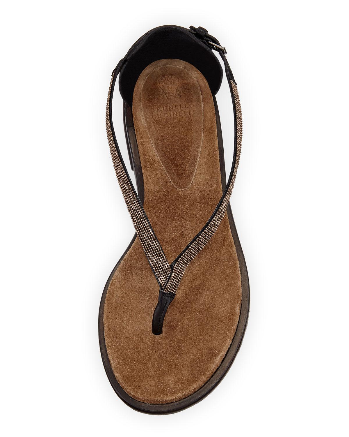 Brunello Cucinelli Flat Monili/leather Thong Sandals in Brown (Black) - Save 48% - Lyst