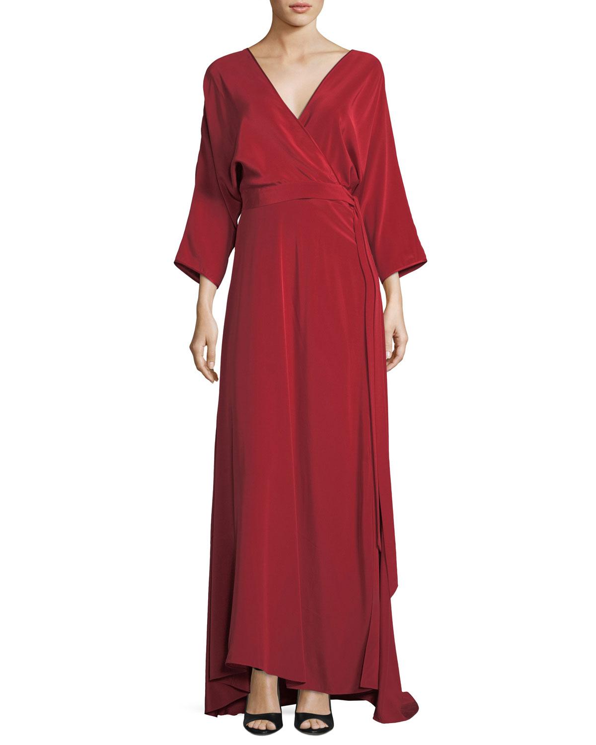 Diane Von Furstenberg Long Sleeve Floor Length Silk Faux Wrap