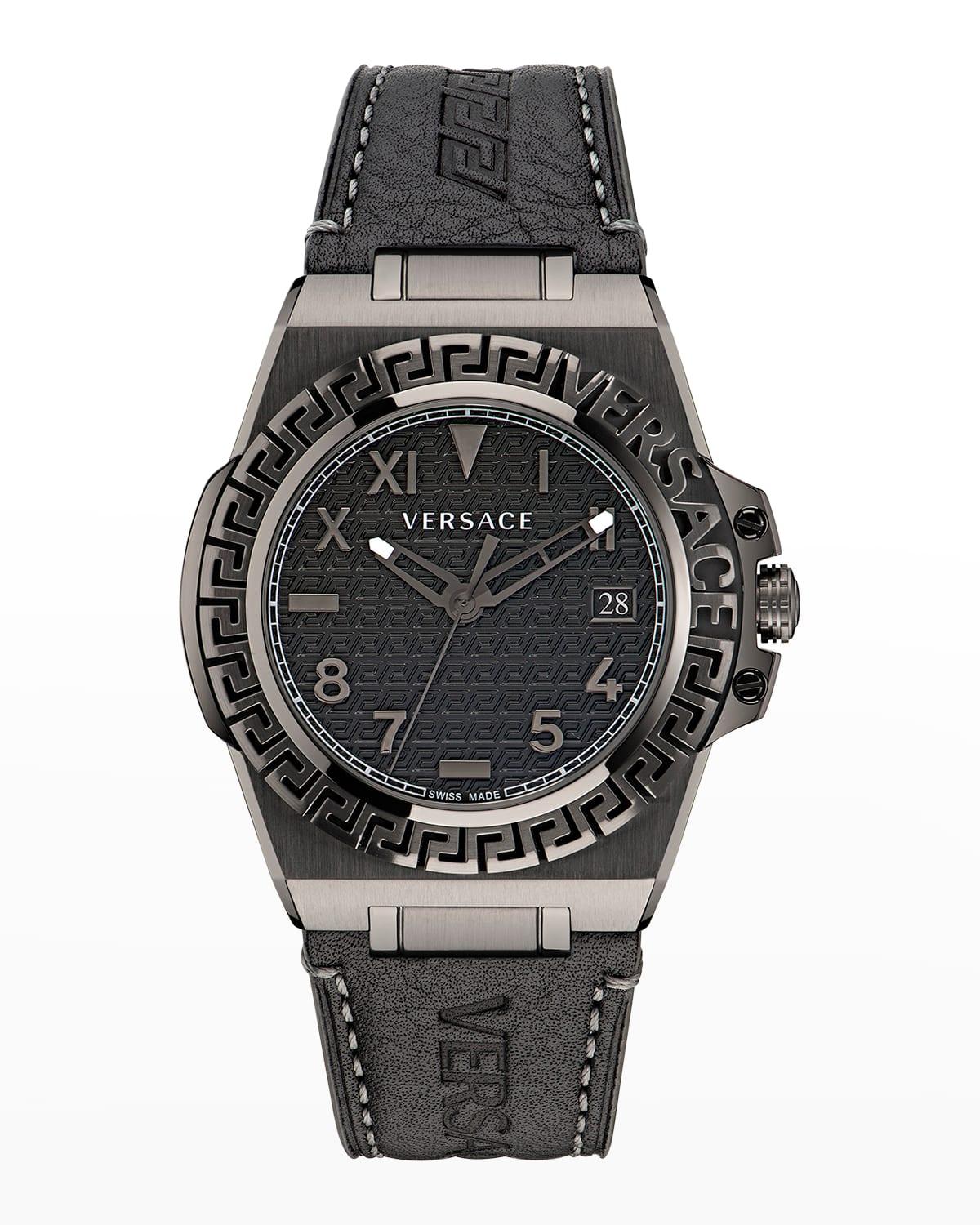 Versace Greca Reaction Leather Watch, 44mm in Black for Men Lyst