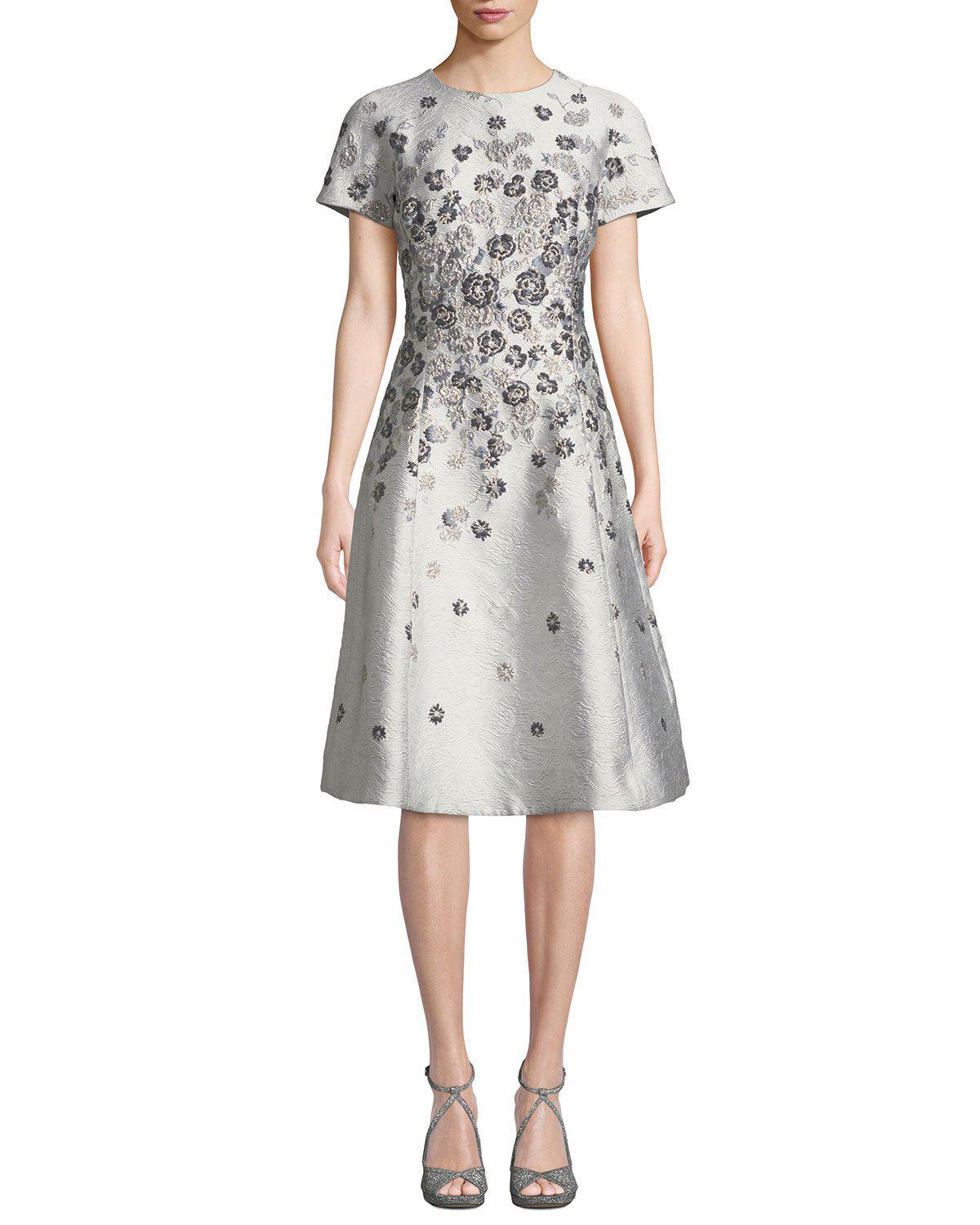Teri Jon Synthetic Floral Jacquard Aline Dress in Silver