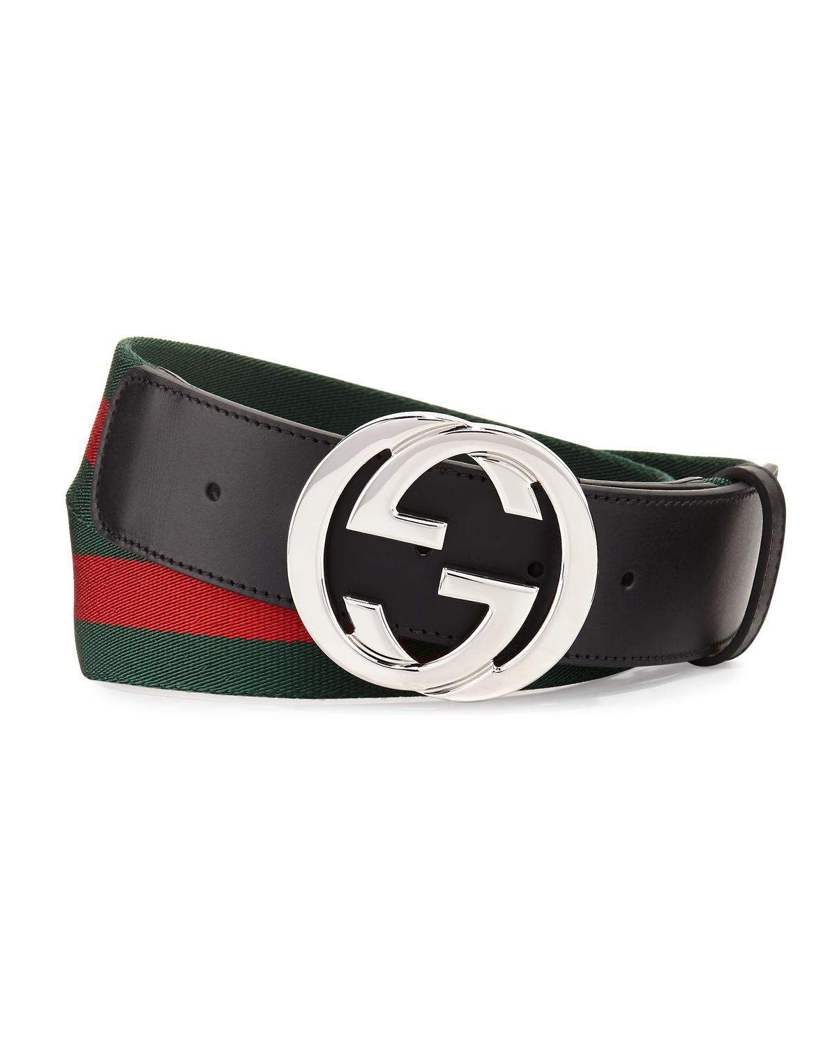 Gucci Interlocking G Pure Web Belt Green/Red/Black in Fabric/Leather with  Silver-tone - US