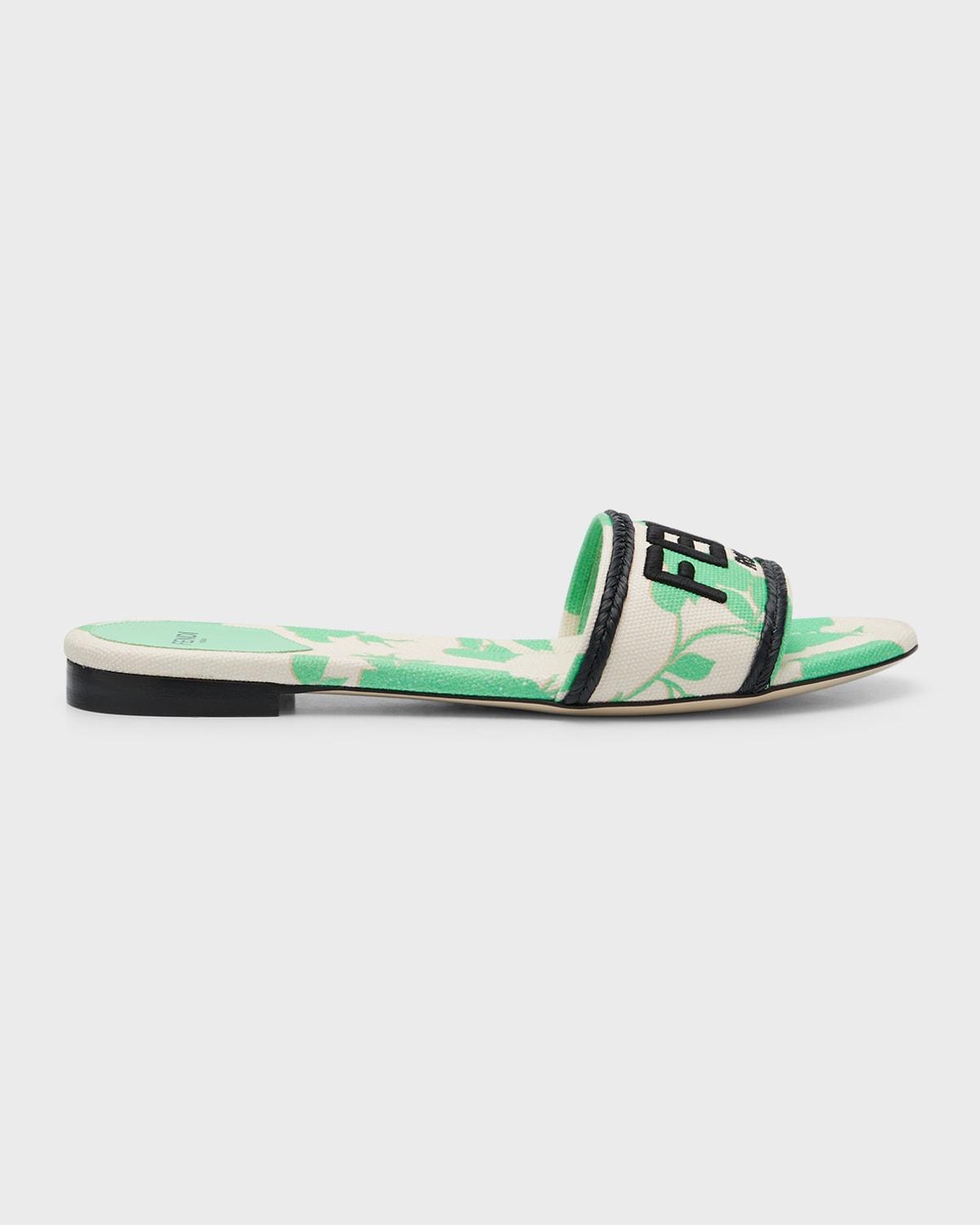 Fendi Floral Canvas Logo Slide Sandals in Green | Lyst