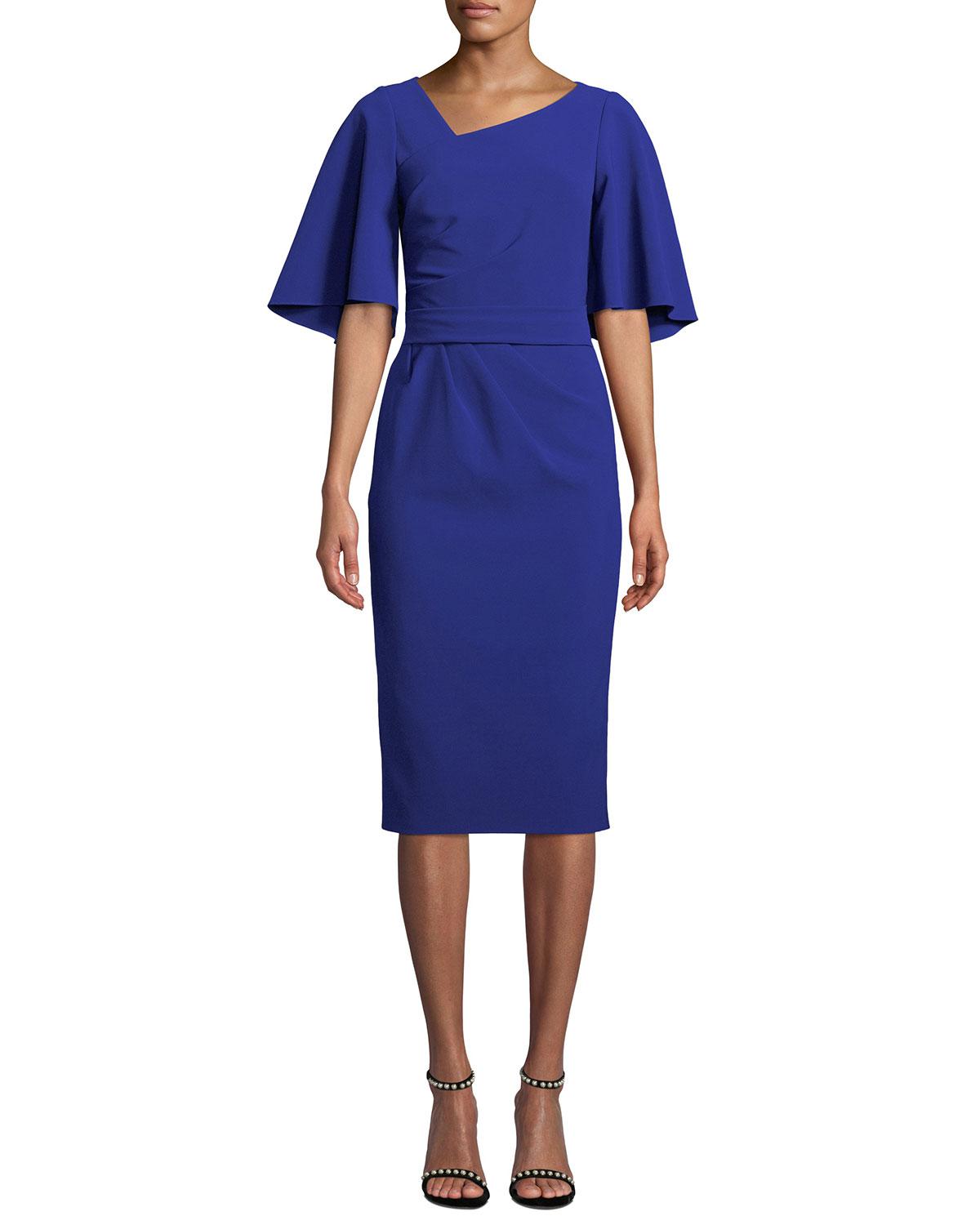 Lyst - THEIA Flutter-sleeve Knee-length Asymmetric Sheath Dress in Blue