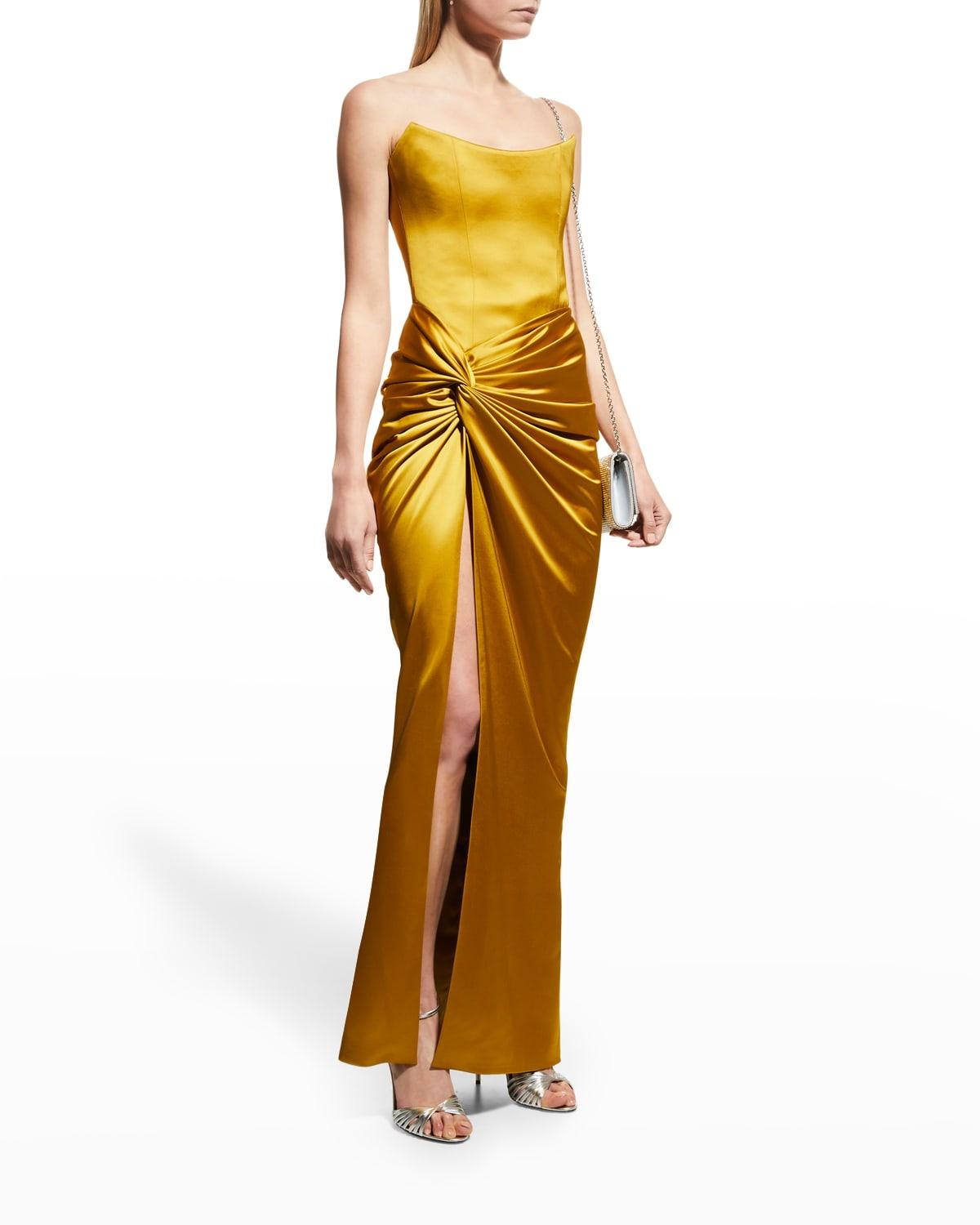 Rasario Draped Strapless Corset Satin Gown in Metallic Lyst