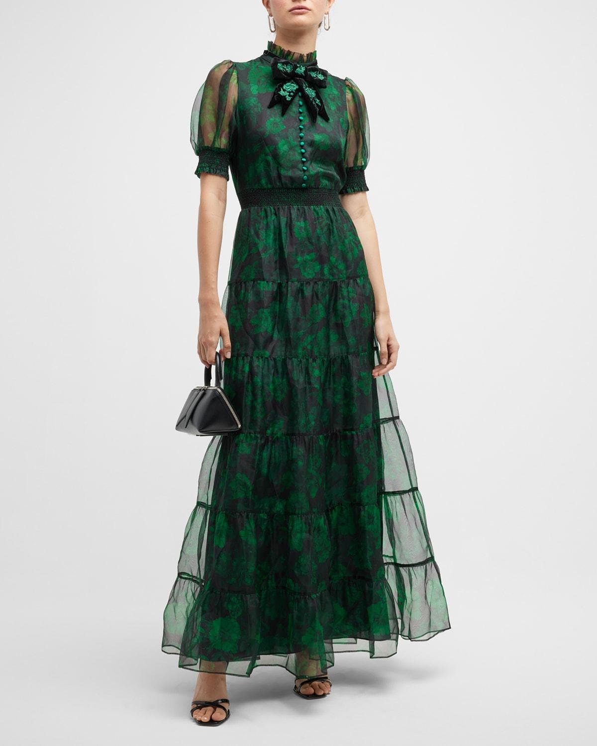 Alice + Olivia Coletta Bow-neck Button-front Maxi Dress in Green | Lyst