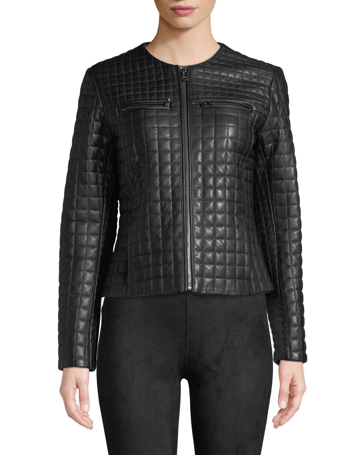 Cole Haan Quilted Collarless Leather Moto Jacket in Black - Lyst