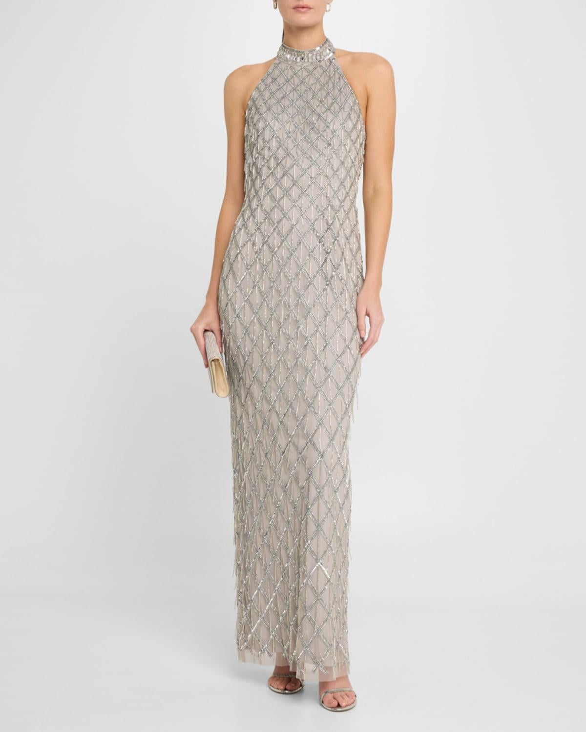 Aidan Mattox Beaded Halter Column Gown in White | Lyst
