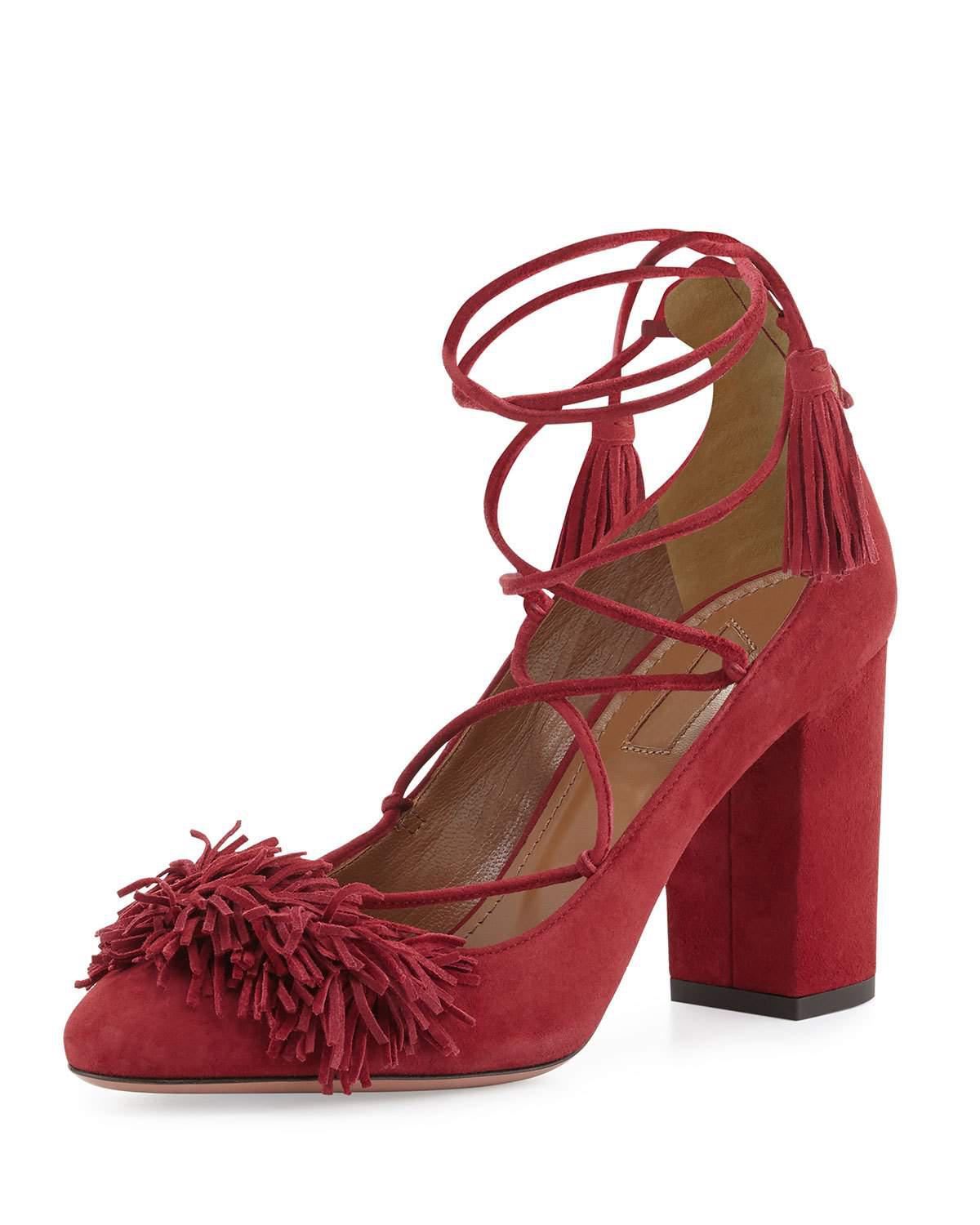 red fringe block heels