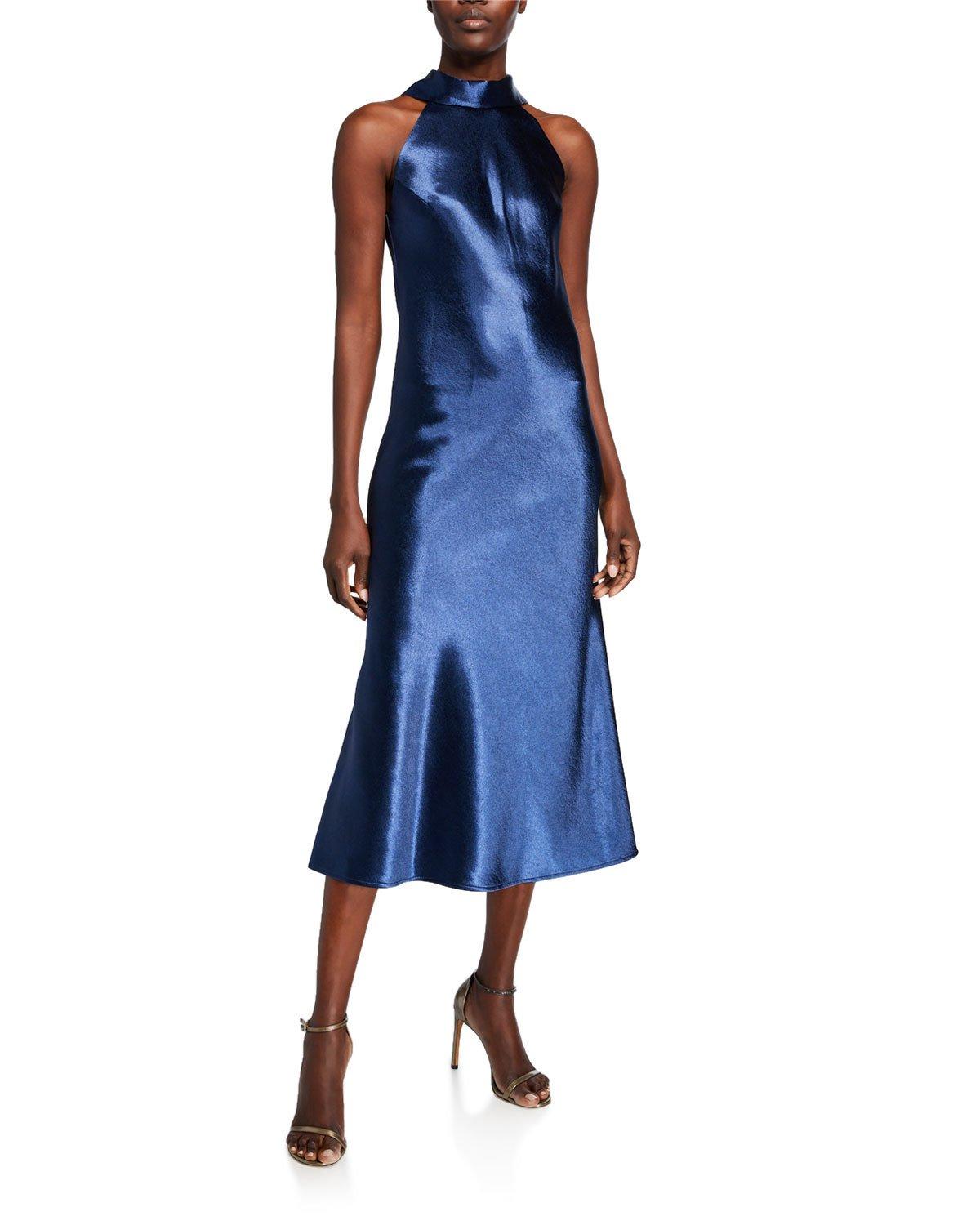 Galvan London Sienna Glossy Metallic Satin Halter Dress in Blue Lyst