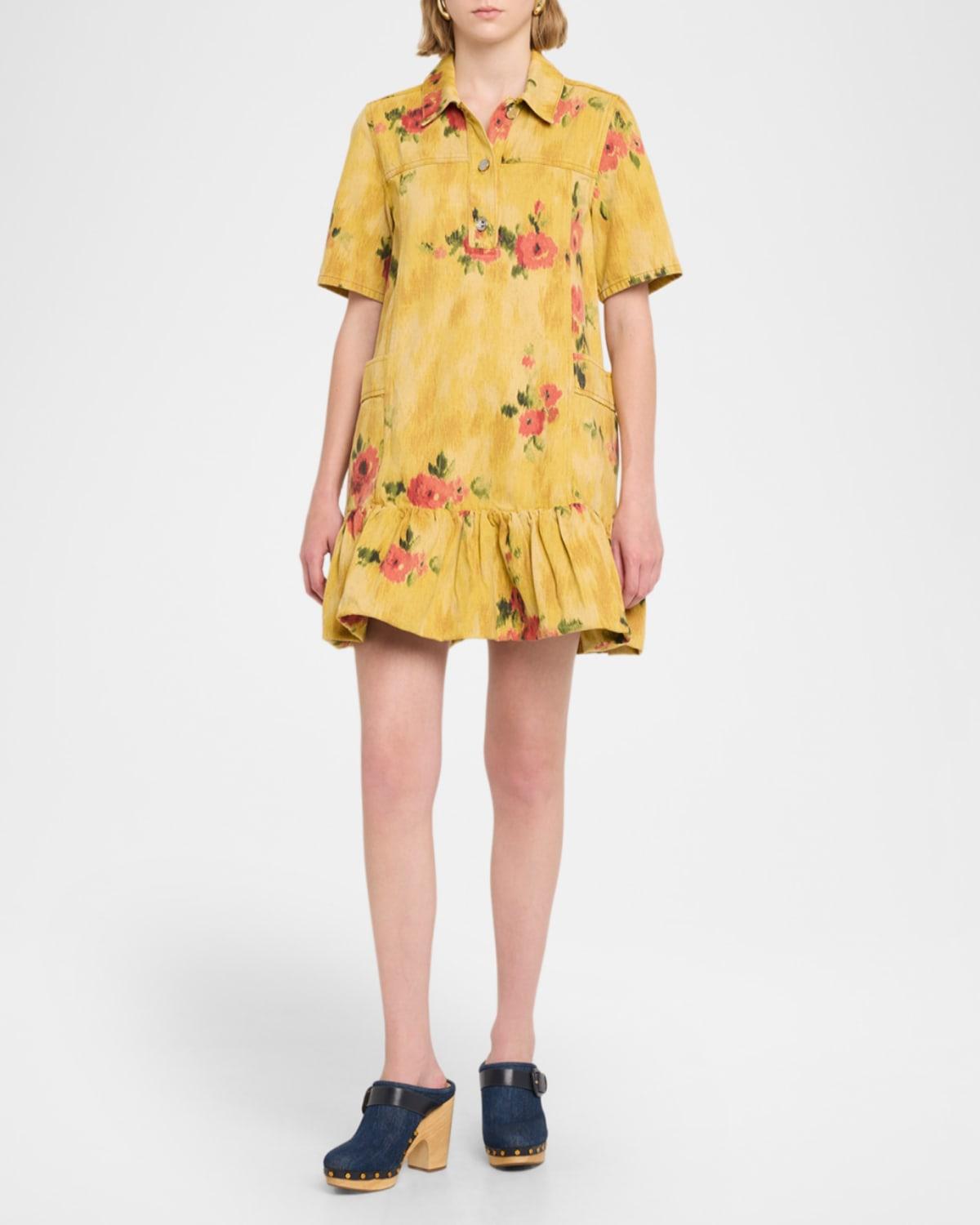 Ganni Floral Denim Mini Dress in Yellow