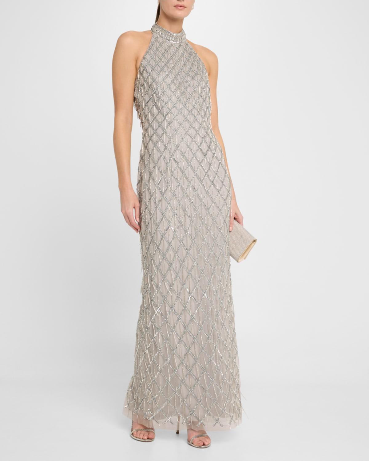 Aidan Mattox Beaded Halter Column Gown in White | Lyst
