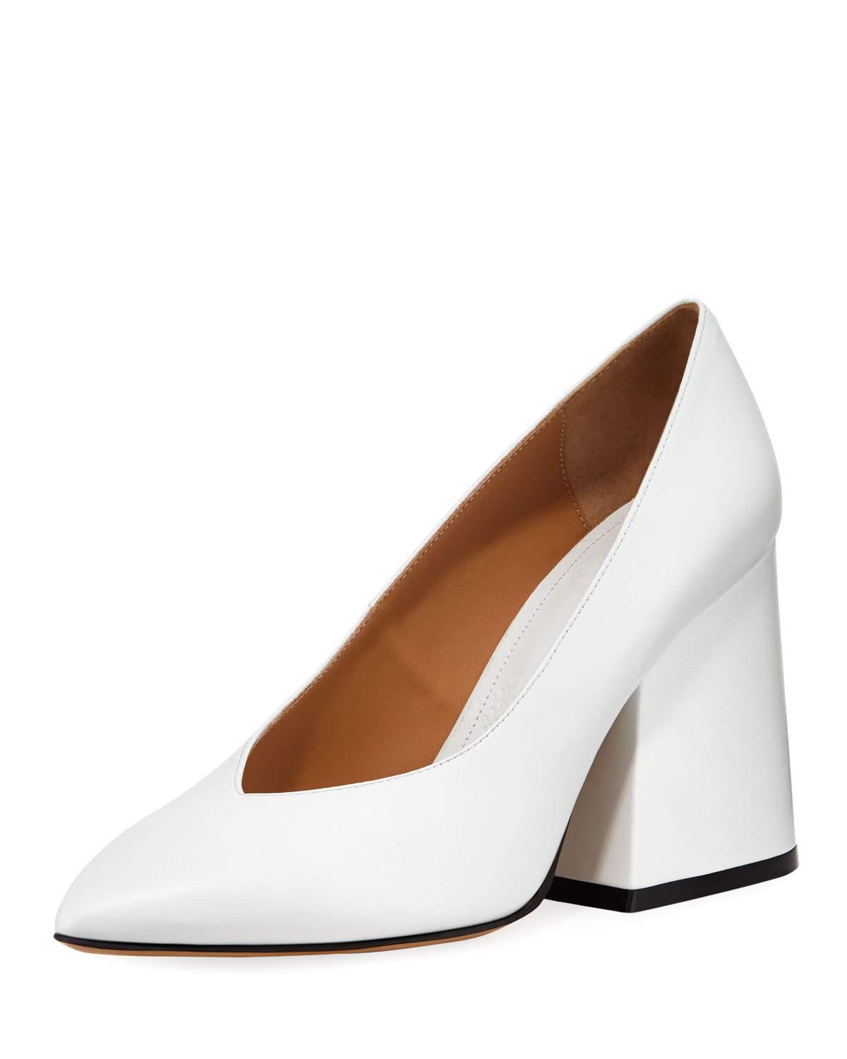 Leather V-neck Pointed Block-heel Pumps 