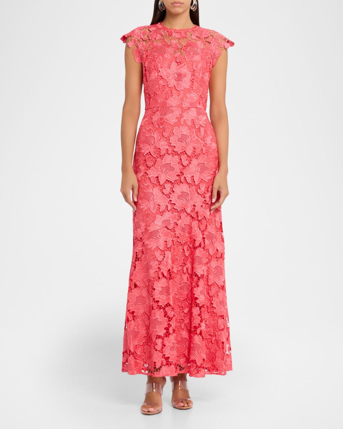 chinese dress ladies Shoshanna Women's Angeline Bouquet lace Long Sleeve Ankle Length Dress,  Magenta/Pink/Burgundy at Amazon Women's Clothing store main image 1