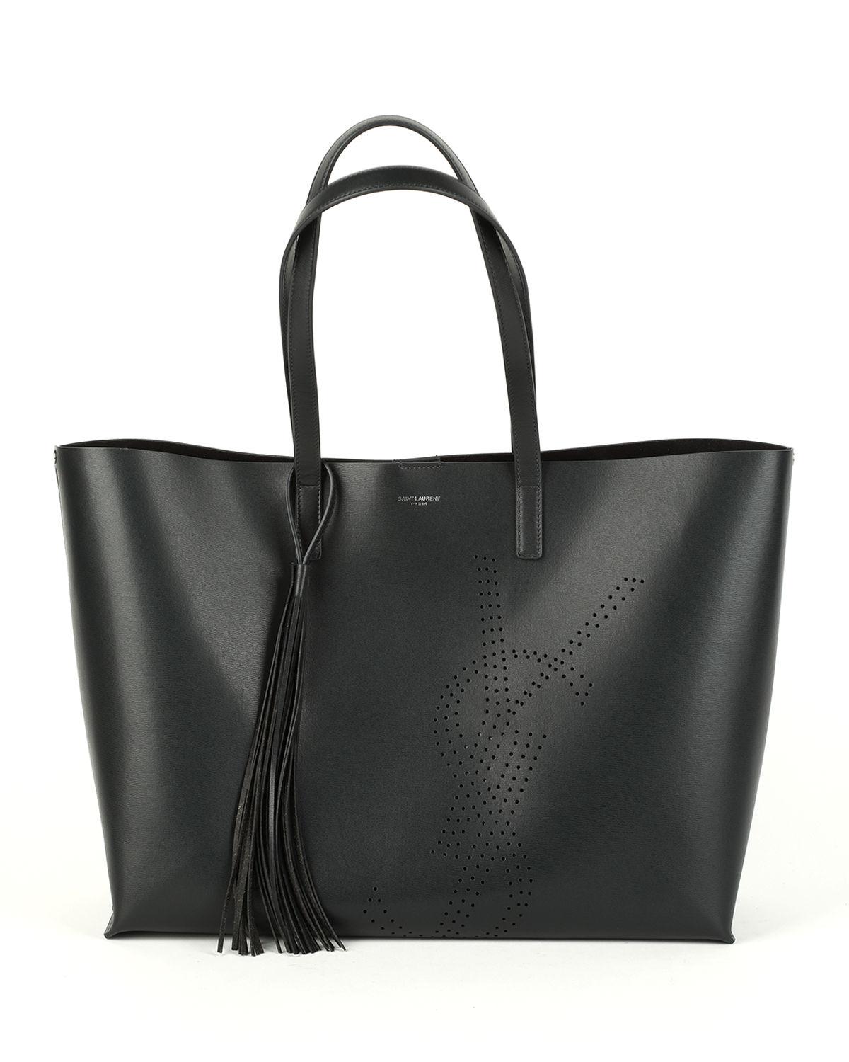 Saint Laurent Smooth Leather Ysl Perforated Shopping Tote Bag in Black