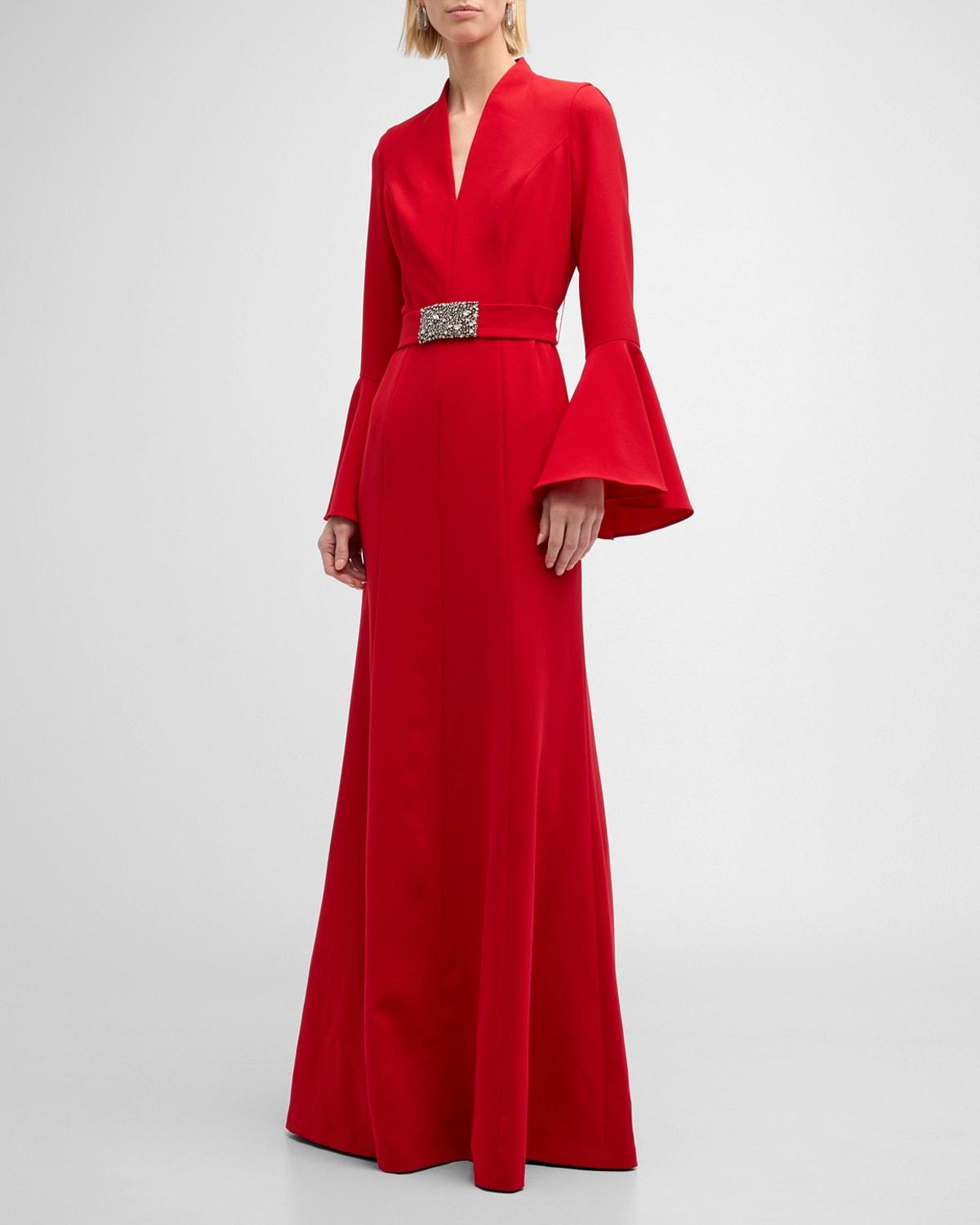Teri Jon Bell-sleeve Jewel-embellished Crepe Gown in Red | Lyst