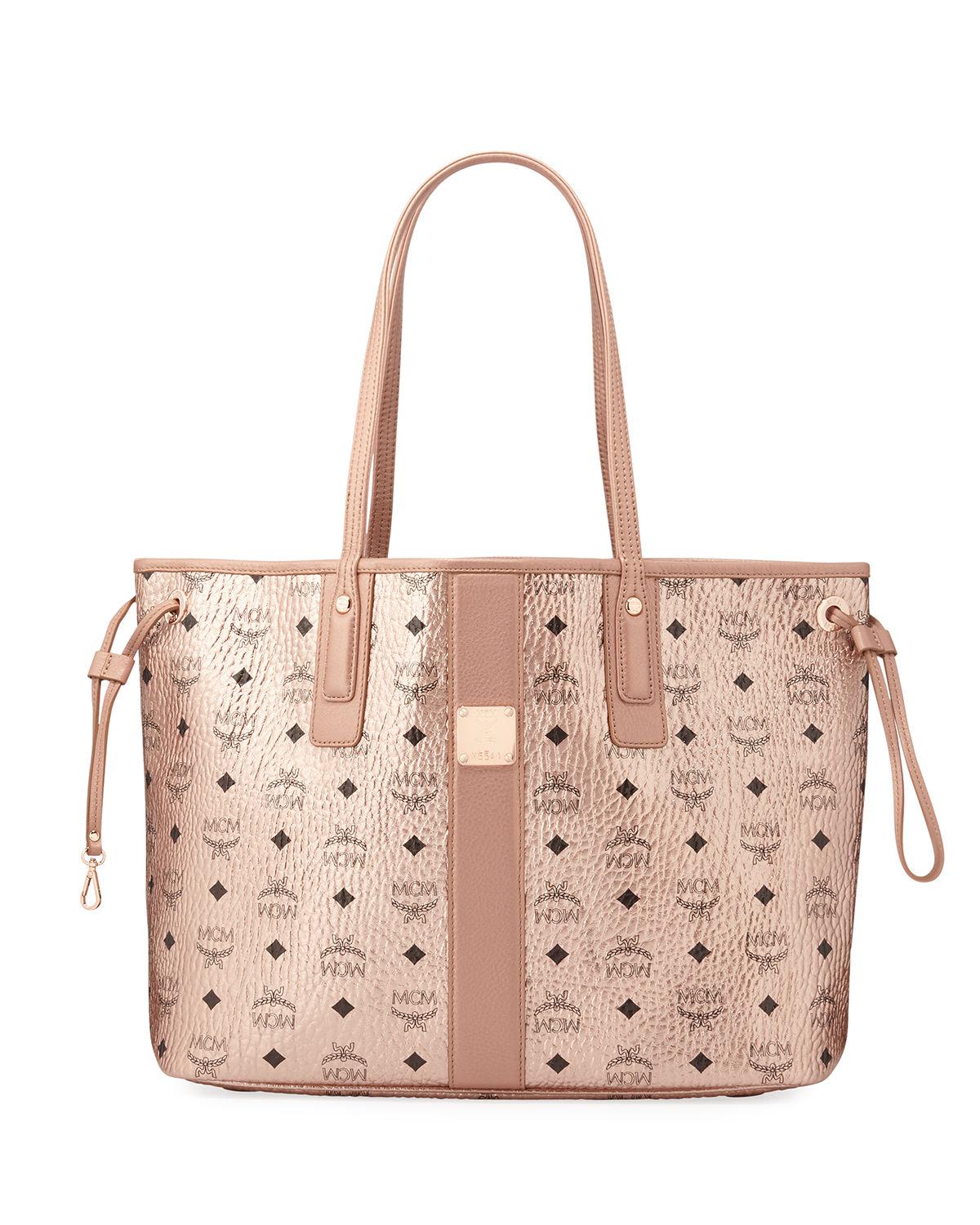 MCM Liz Reversible Medium Visetos Shopper Tote Bag in Champagne Gold