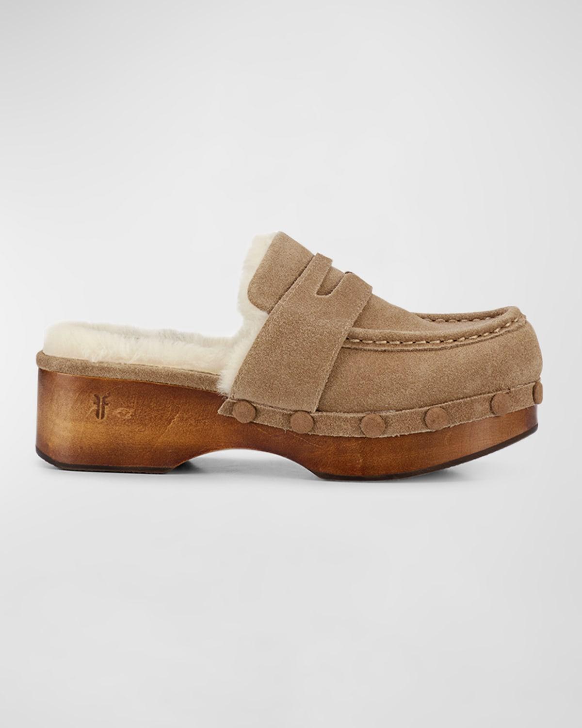 Frye Melody Suede Shearling Penny Loafer Clogs in Brown | Lyst
