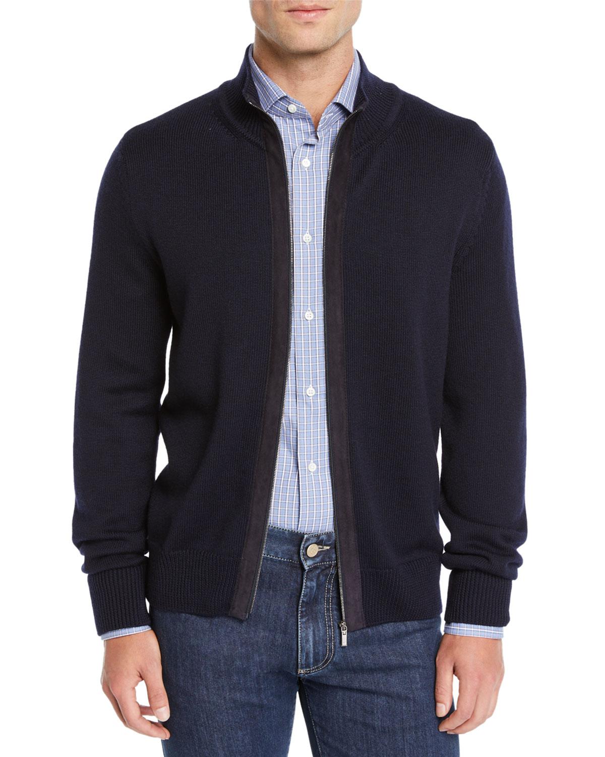 Canali Men's Suede-trim Wool Zip-front Jacket in Navy (Blue) for Men - Lyst